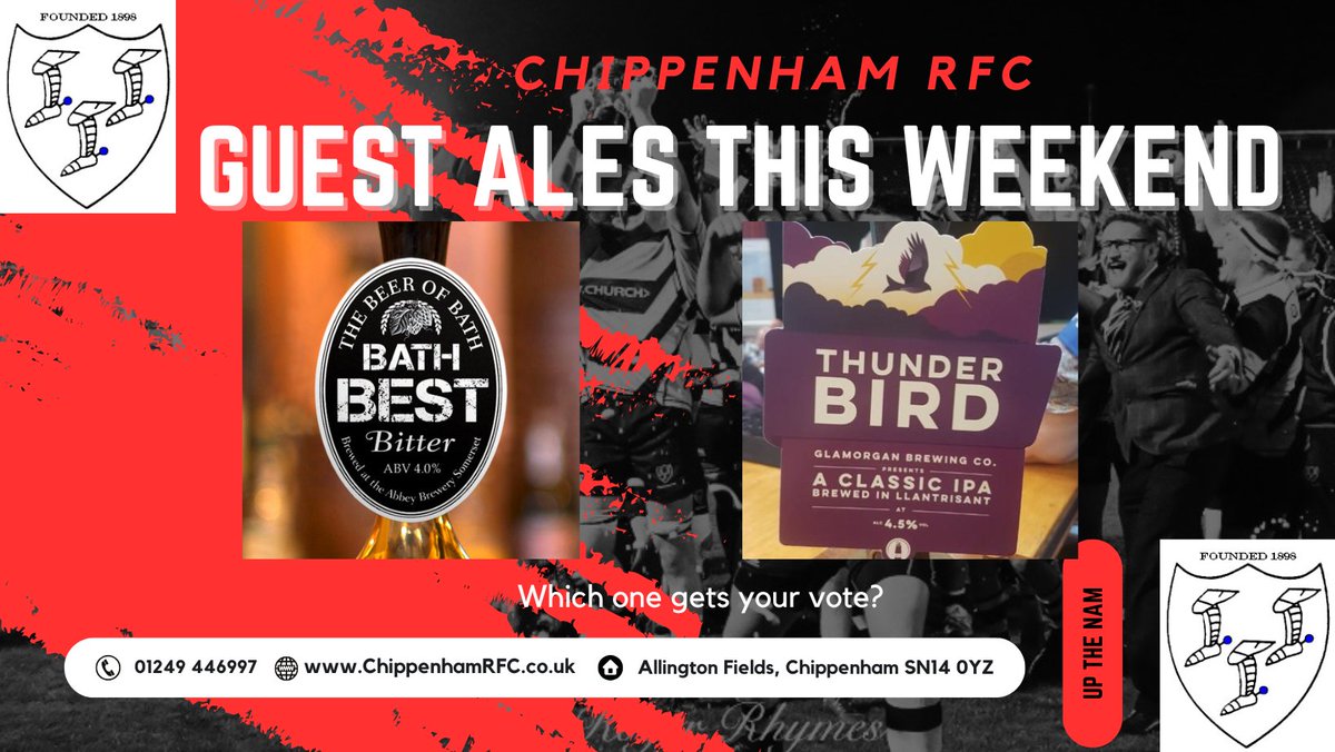 Guest Ales at <a href="/ChippenhamRFC/">Chippenham RFC</a> 

We will proudly be selling this weekend 

<a href="/AbbeyAles/">Abbey Ales Brewery</a> Best Bitter 4.0%
<a href="/GlamBrewingCo/">Glamorgan Brewing Co</a> Thunderbird IPA 4.5% 

Come and give them a try or three... 🏉🍻

#RugbyBeer #Chippenham