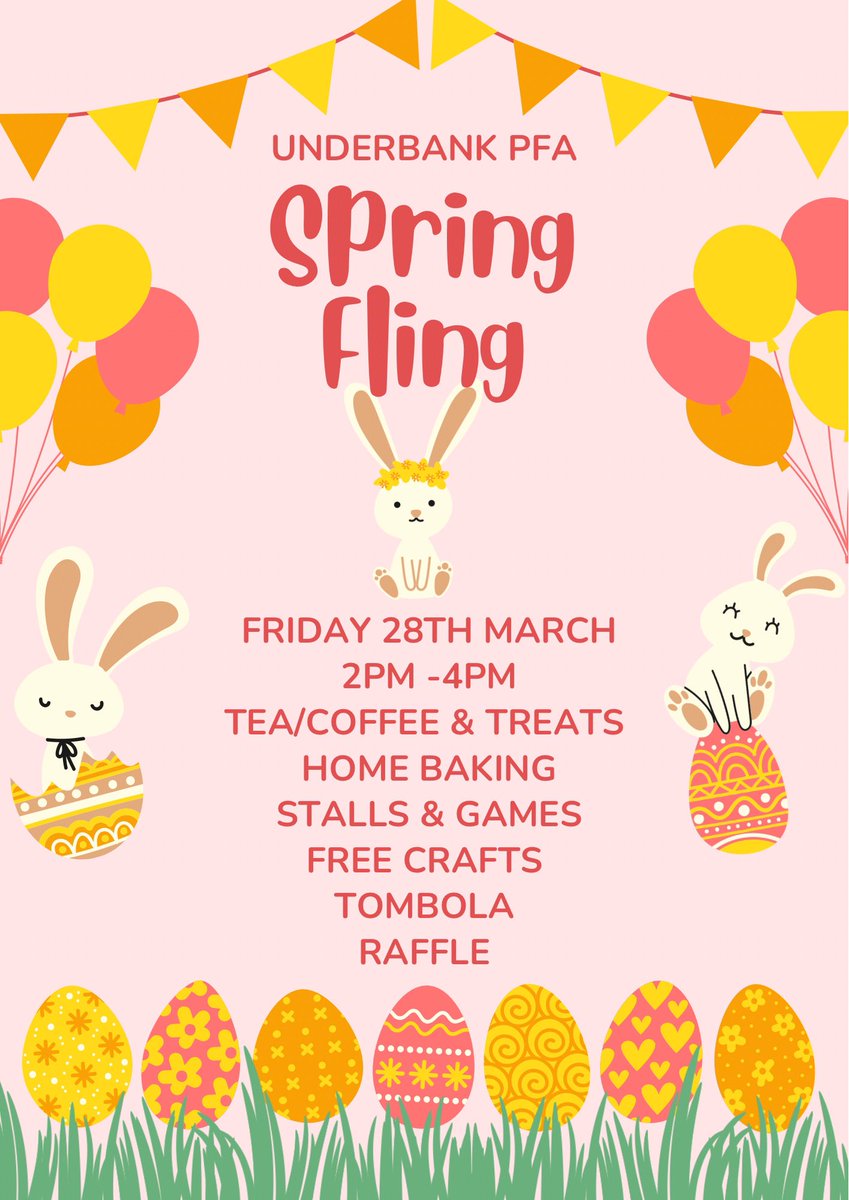 🐣🐣We are looking forward to seeing everyone at tomorrow’s PFA ‘Spring Fling’! We are still accepting donations for our bottle tombola and home-baking stall. See you there🌸🌼 #UnderbankPri