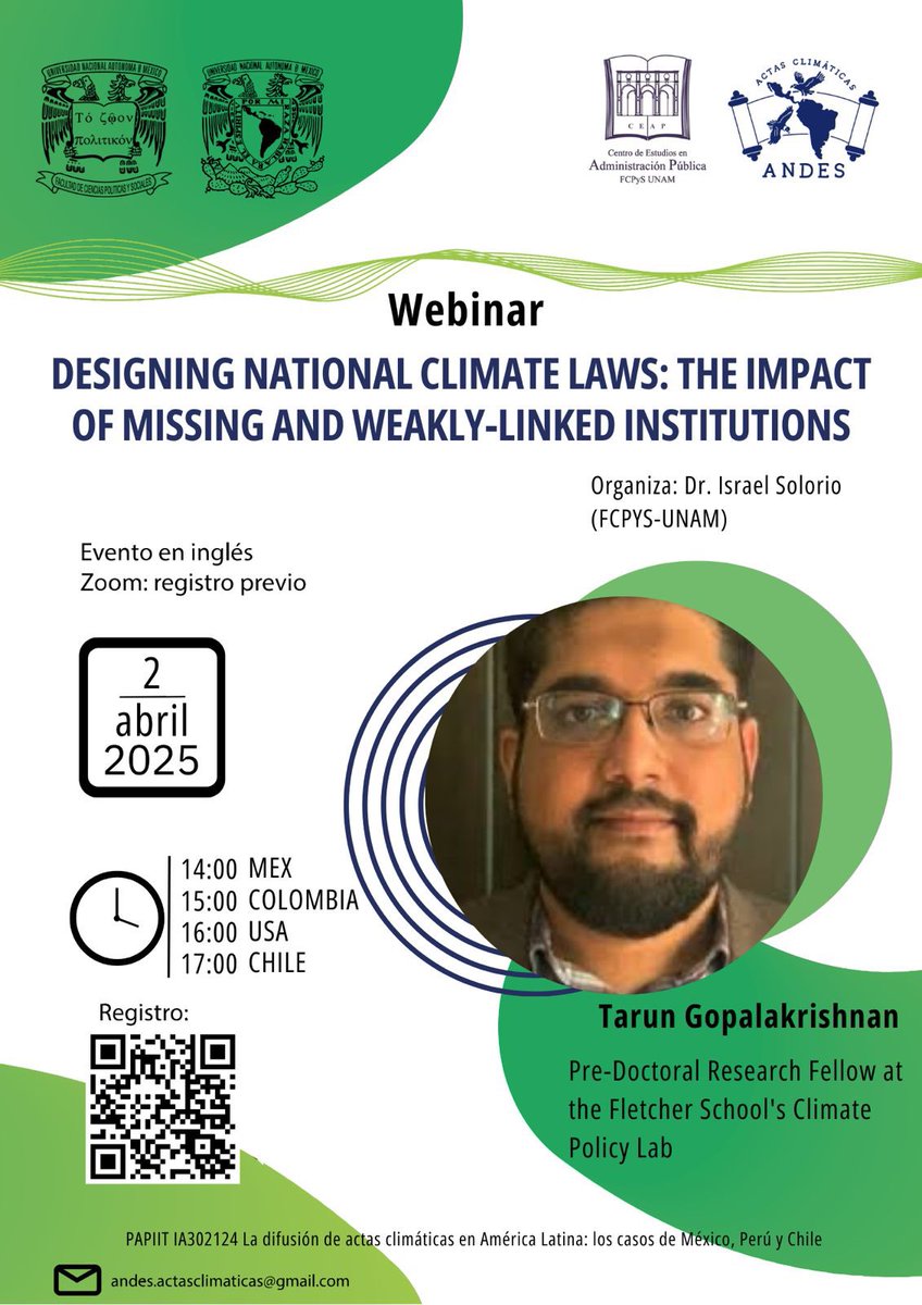Isra Solorio (@i_solorio) on Twitter photo Los webinars de <a href="/Andes_clima/">Actas Climáticas ANDES</a> están de vuelta‼️
Esta vez nos acompaña Tarun Gopalakrishnan del <a href="/policy_climate/">Climate Policy Lab</a> con un análisis comparativo sobre el diseño de legislación climática en 8 países incluyendo México.
No te pierdas este diálogo y regístrate 📝
docs.google.com/forms/d/e/1FAI… Los webinars de <a href="/Andes_clima/">Actas Climáticas ANDES</a> están de vuelta‼️
Esta vez nos acompaña Tarun Gopalakrishnan del <a href="/policy_climate/">Climate Policy Lab</a> con un análisis comparativo sobre el diseño de legislación climática en 8 países incluyendo México.
No te pierdas este diálogo y regístrate 📝
docs.google.com/forms/d/e/1FAI…