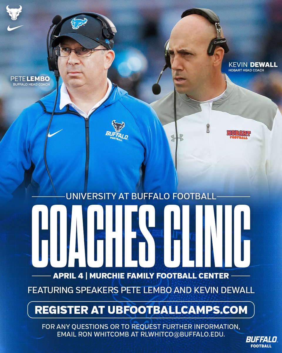 UB Football (@ubfootball) on Twitter photo 2025 UB Football Coaches Clinic
๐๏ธ Friday, April 4!
Come learn, connect & see some UB Football with our staff!
Pleased to announce our guest speaker will be Hobart Head Football Coach <a href="/Coach_DeWall/">Kevin DeWall</a>!
Register using the link below โฌ๏ธ
โน๏ธ | ubfootballcamps.com
#UBhornsUP๐ค | 2025 UB Football Coaches Clinic
๐๏ธ Friday, April 4!
Come learn, connect & see some UB Football with our staff!
Pleased to announce our guest speaker will be Hobart Head Football Coach <a href="/Coach_DeWall/">Kevin DeWall</a>!
Register using the link below โฌ๏ธ
โน๏ธ | ubfootballcamps.com
#UBhornsUP๐ค |