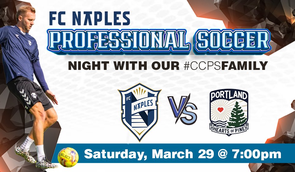 There's still time to get your tickets to the #CCPSFamily FC Naples Professional Soccer Night. We look forward to seeing everyone Saturday night at Paradise Coast Sports Complex! bit.ly/CCPSSoccerNight