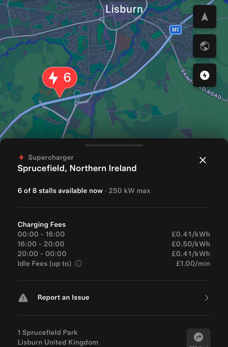 Anekcahaps's tweet image. Lisburn, Northern Ireland Tesla supercharger is now open at Sprucefield Park, M1 J8. There are 8 V4 stalls open to all. The site is on the south side of the motorway, when zooming out, the Tesla map shows the pin in the incorrect location.