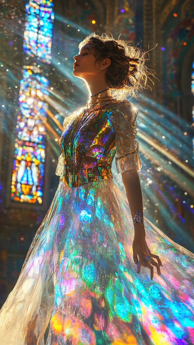 &gt;Clothed in Eternal Light&lt;

The stained-glass windows project her essence onto her, transforming her dress into a reflection of the divine. Amid flashes of color and dancing dust, her soul shines like a celestial prism

Good evening, Masters! 🌟
#aiartcommunity #aiartawareness