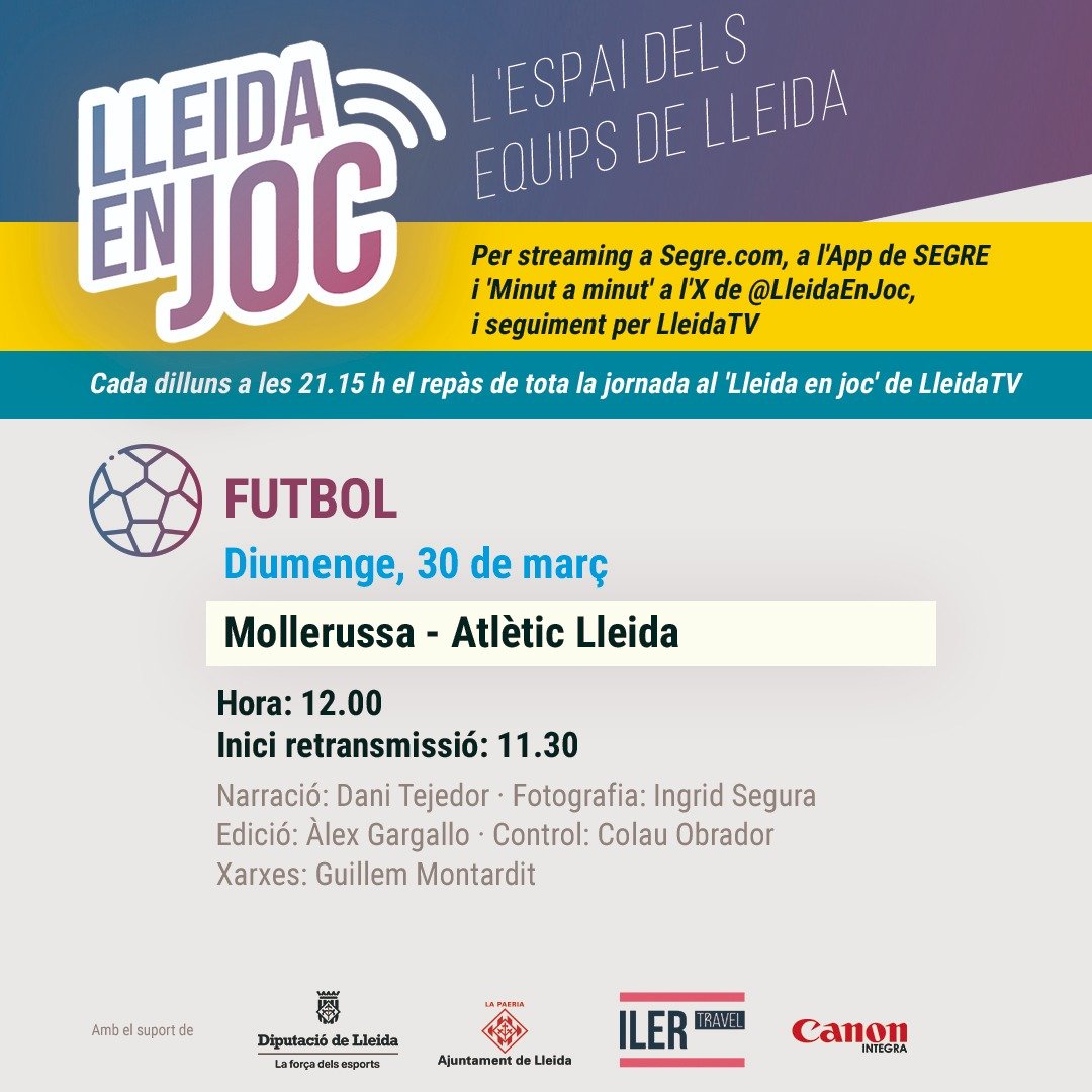 💥TRIPLE ració de FUTBOL a #LleidaEnJoc⚽️

📆 Diumenge, 12h: L'<a href="/atletic_lleida/">Atlètic Lleida</a> visita al <a href="/CFJ_Mollerussa/">CFJ Mollerussa</a>!
#MollerussaAtlèticLleida

📆 Diumenge, 12:30h: La <a href="/SEAEM_1925/">Secció Esportiva AEM</a> rep al <a href="/sportinghuelva/">Fundación Cajasol Sporting de Huelva</a>!📺
#AEMSportingHuelva

📆 Diumenge, 18h: El <a href="/LleidaCF/">Lleida CF</a> rep al <a href="/TerrassaFC/">Terrassa FC</a>!
#LleidaTerrassa