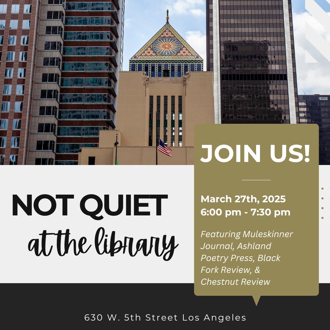 BlackForkReview's tweet image. Don't forget, writers!
We’re co-hosting a special reading tonight at the Los Angeles Central Library from 6 PM to 7:30 PM! Join us for an evening of inspiring words and great company.
#AWP25 #readingevent #ashlandpoetrypress #blackforkreview #muleskinnerjournal #chestnutreview