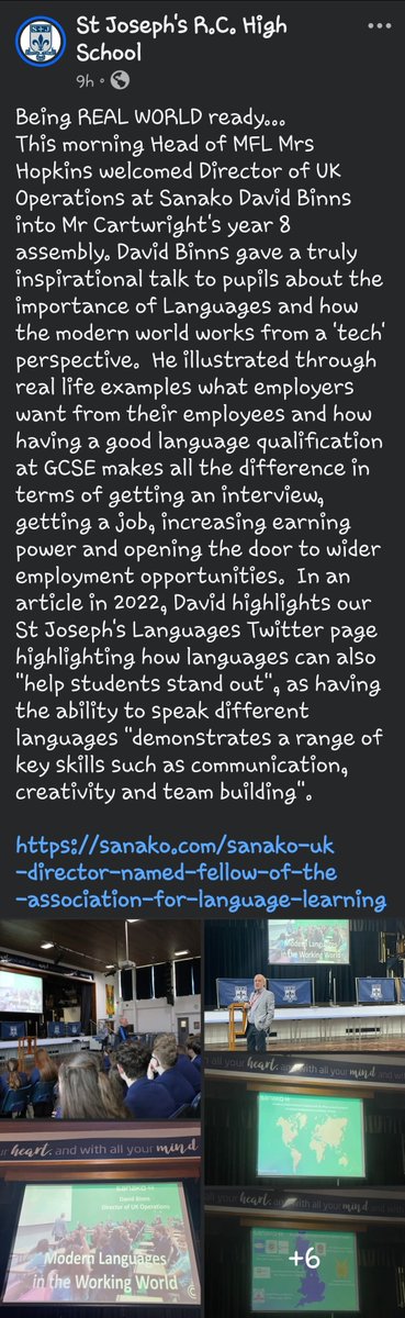 Once again, a big thank you <a href="/David_Sanako/">David Binns</a> for coming in to talk to Yr8 pupils <a href="/Joeys_rchs/">St Joseph's RCHS</a> about the importance of languages in work &amp; in life. As always, David's talk was engaging &amp; thought-provoking for pupils &amp; staff! 
#LanguageSkills
#LanguagesForLife

facebook.com/share/p/157VSk…