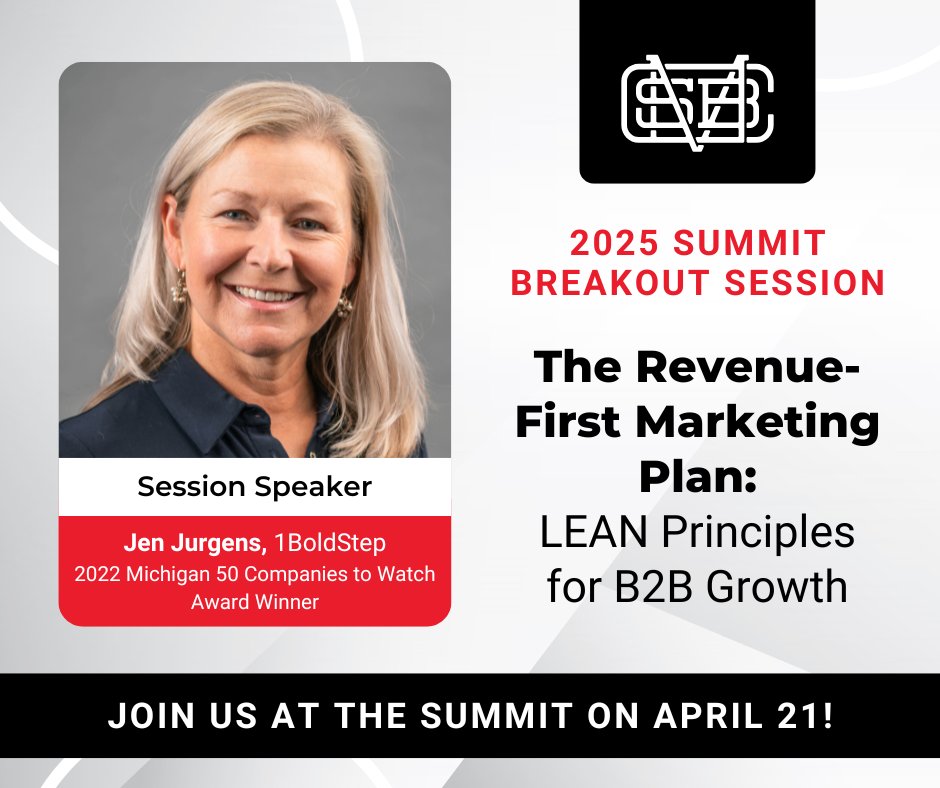 Michigan Celebrates (@themcsb) on Twitter photo Weāre thrilled to have Jen Jurgens of <a href="/1BoldStepLLC/">1 Bold Step</a> at the 2025 MCSB Summit! A Michigan 50 Companies to Watch 2022 winner, Jen will speak on "The Revenue-First Marketing Plan: LEAN Principles for B2B Growth." Donāt miss it! michigancelebrates.org
#MCSB2025 #MichiganCelebrates Weāre thrilled to have Jen Jurgens of <a href="/1BoldStepLLC/">1 Bold Step</a> at the 2025 MCSB Summit! A Michigan 50 Companies to Watch 2022 winner, Jen will speak on "The Revenue-First Marketing Plan: LEAN Principles for B2B Growth." Donāt miss it! michigancelebrates.org
#MCSB2025 #MichiganCelebrates