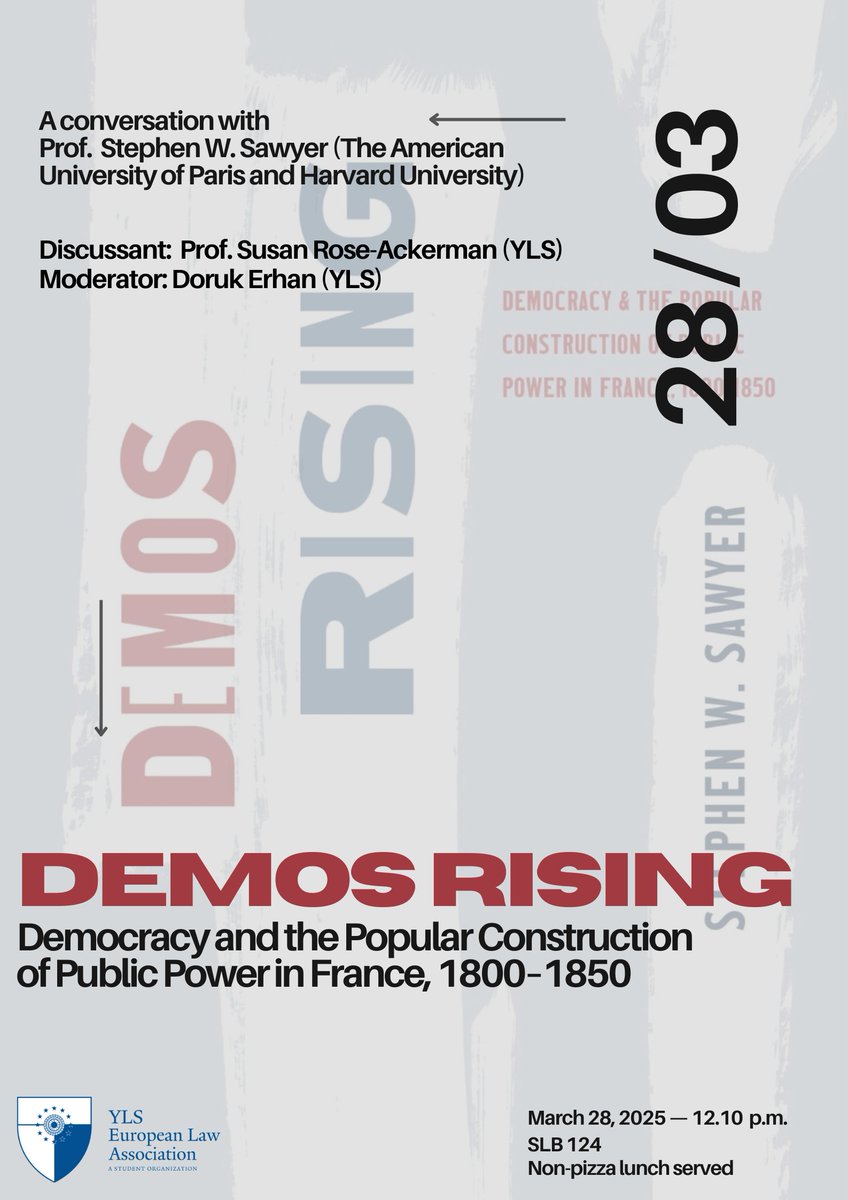 Center for Critical Democracy Studies (@aup_ccds) on Twitter photo For those interested in the intersection of Admin Law and Democracy & are <a href="/YaleLawSch/">Yale Law School</a> on March 28: Stephen Sawyer (<a href="/AUParis/">AUP</a> <a href="/EuropeAtHarvard/">Minda de Gunzburg Center for European Studies</a>) will be launching his new book “Demos Rising” (UCP, 2025) at the Yale European Law Association <a href="/ela_yls/">YLS European Law Association</a>. Commentary by <a href="/susanroseackerm/">susan rose-ackerman</a> For those interested in the intersection of Admin Law and Democracy & are <a href="/YaleLawSch/">Yale Law School</a> on March 28: Stephen Sawyer (<a href="/AUParis/">AUP</a> <a href="/EuropeAtHarvard/">Minda de Gunzburg Center for European Studies</a>) will be launching his new book “Demos Rising” (UCP, 2025) at the Yale European Law Association <a href="/ela_yls/">YLS European Law Association</a>. Commentary by <a href="/susanroseackerm/">susan rose-ackerman</a>
