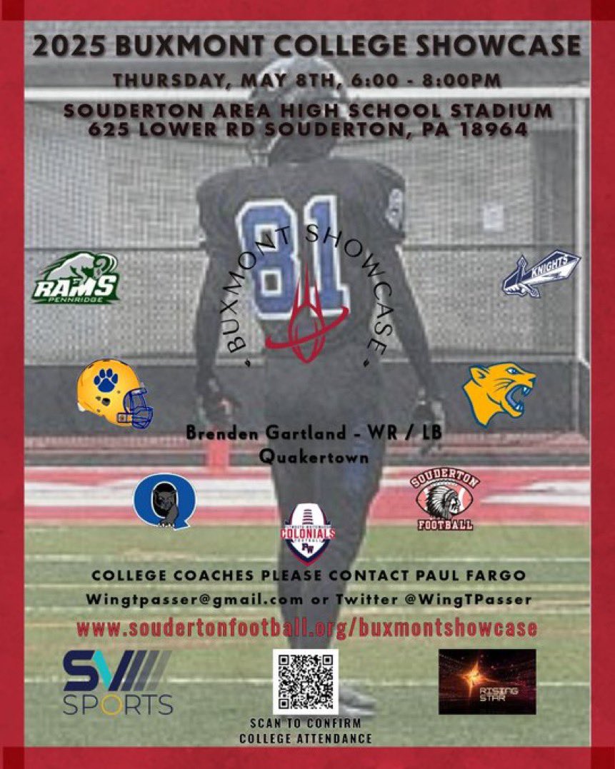Brenden Gartland (@brendengar13865) on Twitter photo Looking forward to displaying my talents with other premier PA athletes from the area at the 2025 BUXMONT Showcase on Thursday, May 8th! soudertonfootball.org/buxmontshowcase
<a href="/PARisingStar/">PA Rising Star</a>
<a href="/svsports/">SV Sports</a>
@PRZPAvic
<a href="/PaulRobertsCuse/">Paul Roberts</a>
<a href="/ArtisticMayhem1/">Michael Pietrangelo</a>
<a href="/S1insider/">Suburban One Insider</a>
<a href="/BadgleyBruce/">Bruce Badgley</a>
<a href="/QPantherFB/">QTOWN FOOTBALL</a> Looking forward to displaying my talents with other premier PA athletes from the area at the 2025 BUXMONT Showcase on Thursday, May 8th! soudertonfootball.org/buxmontshowcase
<a href="/PARisingStar/">PA Rising Star</a>
<a href="/svsports/">SV Sports</a>
@PRZPAvic
<a href="/PaulRobertsCuse/">Paul Roberts</a>
<a href="/ArtisticMayhem1/">Michael Pietrangelo</a>
<a href="/S1insider/">Suburban One Insider</a>
<a href="/BadgleyBruce/">Bruce Badgley</a>
<a href="/QPantherFB/">QTOWN FOOTBALL</a>