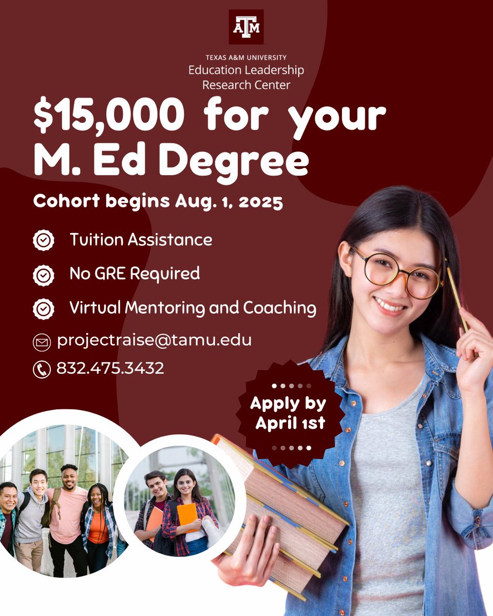 Attention Texas K-8 Instructional Coaches, Teacher Leaders, Multi-Classroom Leaders, and Department Heads! Earn your online M.Ed. with Texas A&amp;M. No GRE required! Last chance for $15,000 tuition/fee assistance. Limited spots are available. Apply at tx.ag/RAISEMEd3.