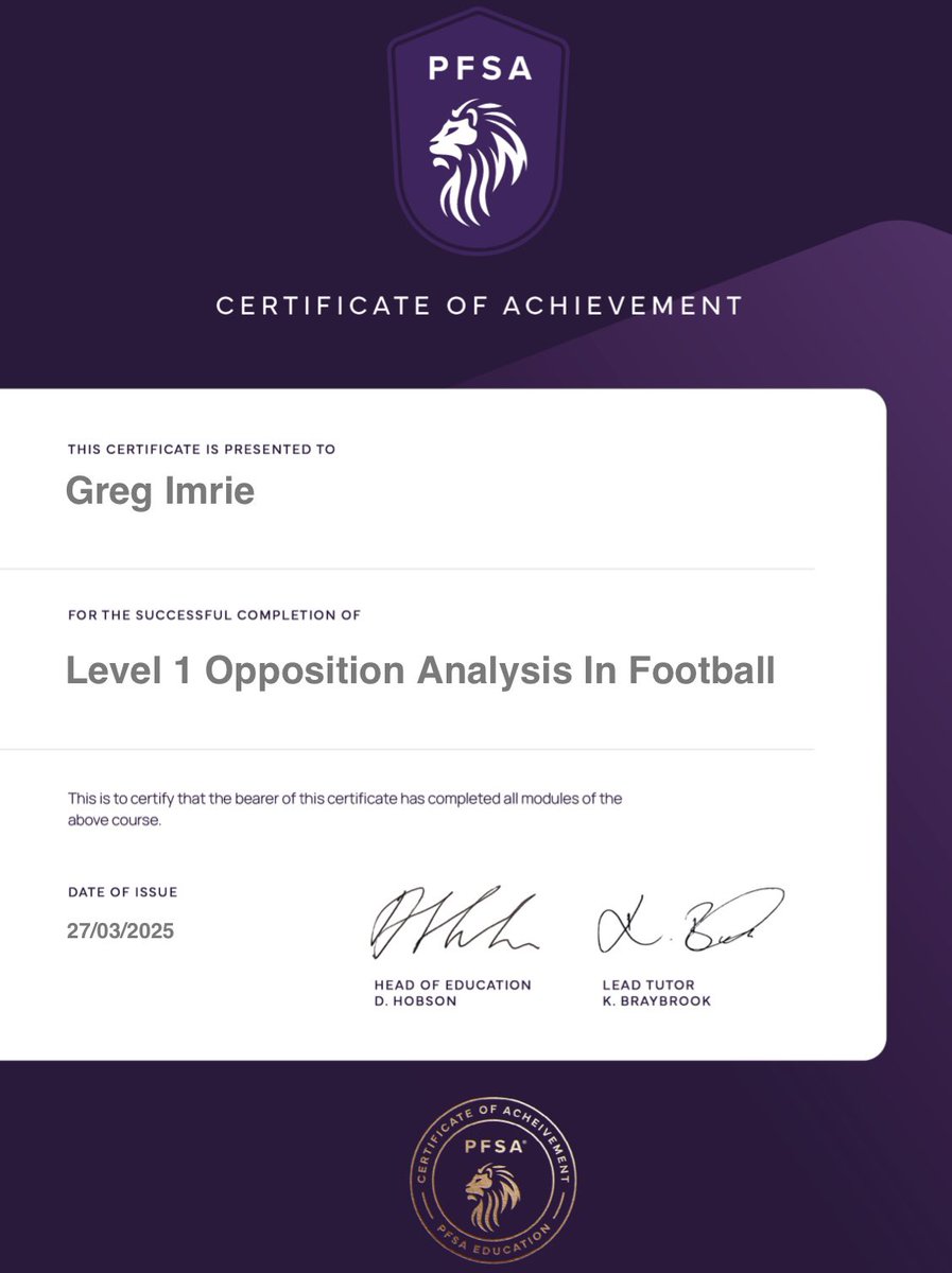Greg Imrie (@gregimrie) on Twitter photo Ontop of completing my first scout report this week, I’m happy to say that I have also completed all my Level 1 certifications offered by <a href="/ThePFSA/">The PFSA - Football Scouting Experts</a>. Thanks for everyone I’ve collaborated with this month and a shout out to the PFSA staff who were very helpful. Onto my level 2’s ! Ontop of completing my first scout report this week, I’m happy to say that I have also completed all my Level 1 certifications offered by <a href="/ThePFSA/">The PFSA - Football Scouting Experts</a>. Thanks for everyone I’ve collaborated with this month and a shout out to the PFSA staff who were very helpful. Onto my level 2’s !