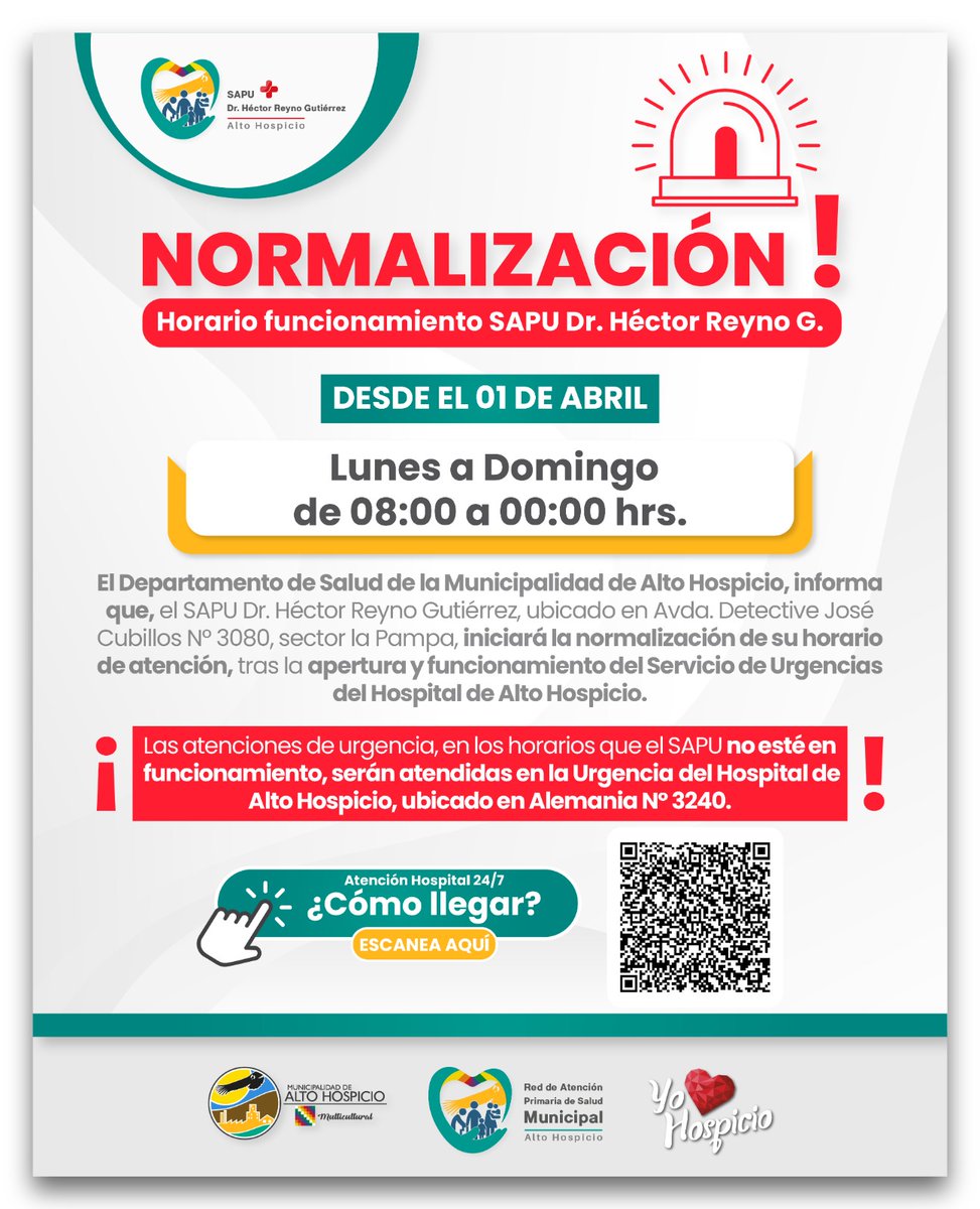📣 ¡ATENCIÓN!
EL DEPARTAMENTO DE SALUD INFORMA QUE DESDE EL 1 DE ABRIL EL SAPU DR. HÉCTOR REYNO GUTIÉRREZ ATENDERÁ DE LUNES A DOMINGO DESDE LAS ⏰️ 08.00 A 00.00 HORAS]