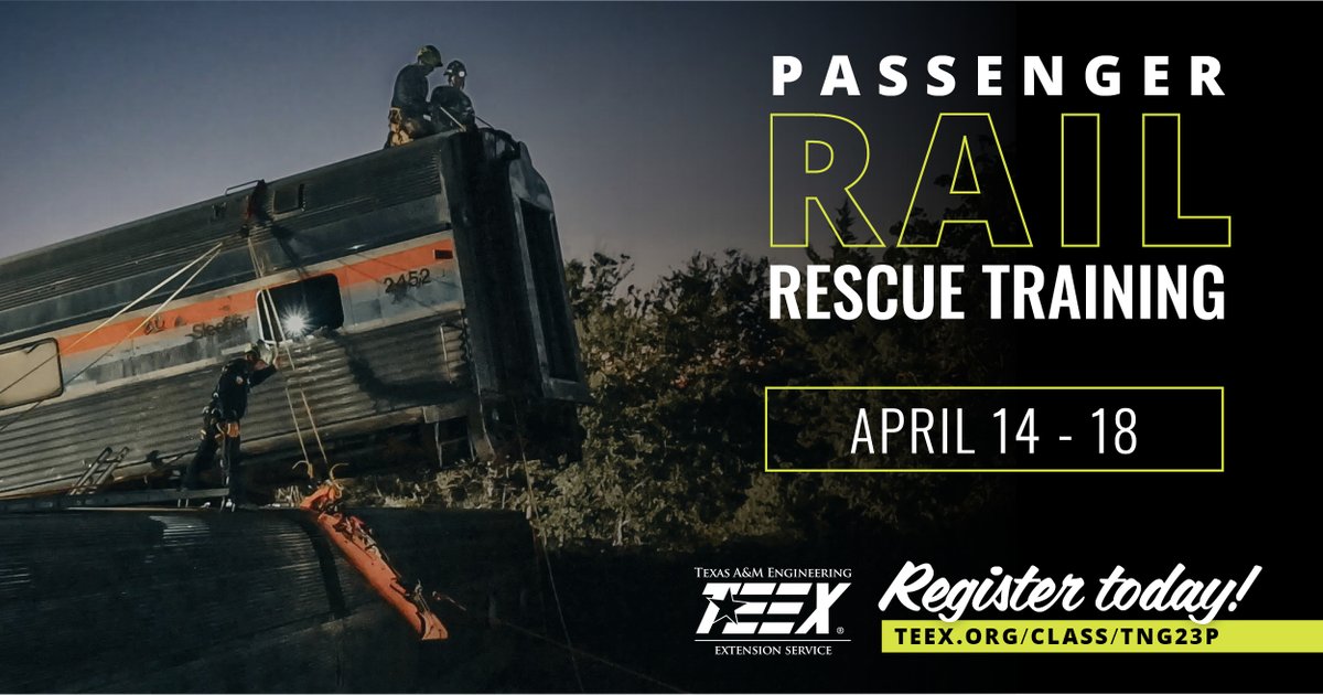 TEEXfire's tweet image. Passenger Rail Rescue Training provides the knowledge, skills, and abilities to perform search and rescue operations at a passenger train or commuter train disaster. Register today for the APRIL 14-18 class at teex.org/class/TNG23P.