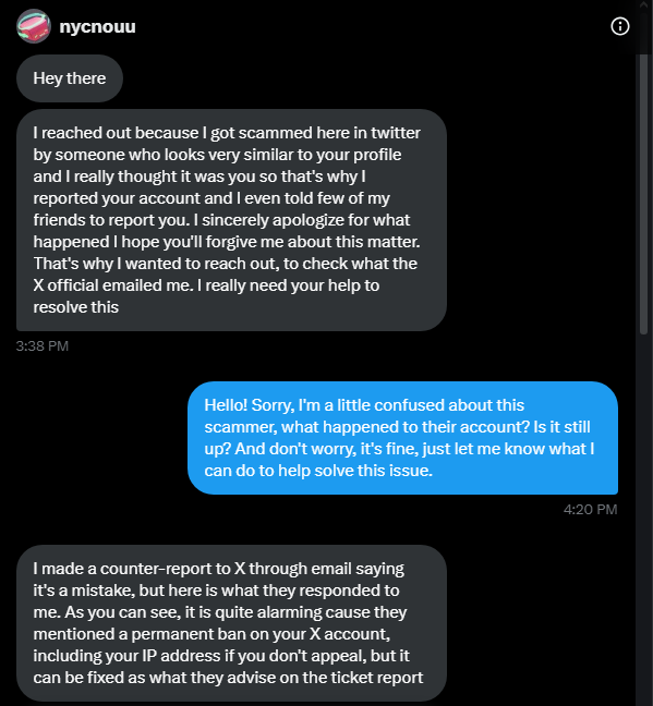 sasadotexe's tweet photo. ⚠️SCAM WARNING⚠️

There's an artist who fell for this scam and the scammers are using their account to send the same message to other people (@ nycnouu and x_michaelsupport on Discord). In short, they're asking you to change your acc email to theirs.

The first screenshot is my DM with the them and the second screenshot is the post this artist made on Instagram about this.