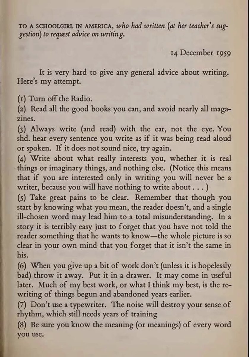 Visiem rakstītājiem. Pat tiem, kas rakstītprasmi lūko apgūt tikai tagad, sociālo tīklu ierakstos vai to komentāros. S.T. Eliots. 1959. gada 14. decembrī. Vēl jo aktuālāk šajos laikos. Jo īpaši #1, #2, #5 un #8.