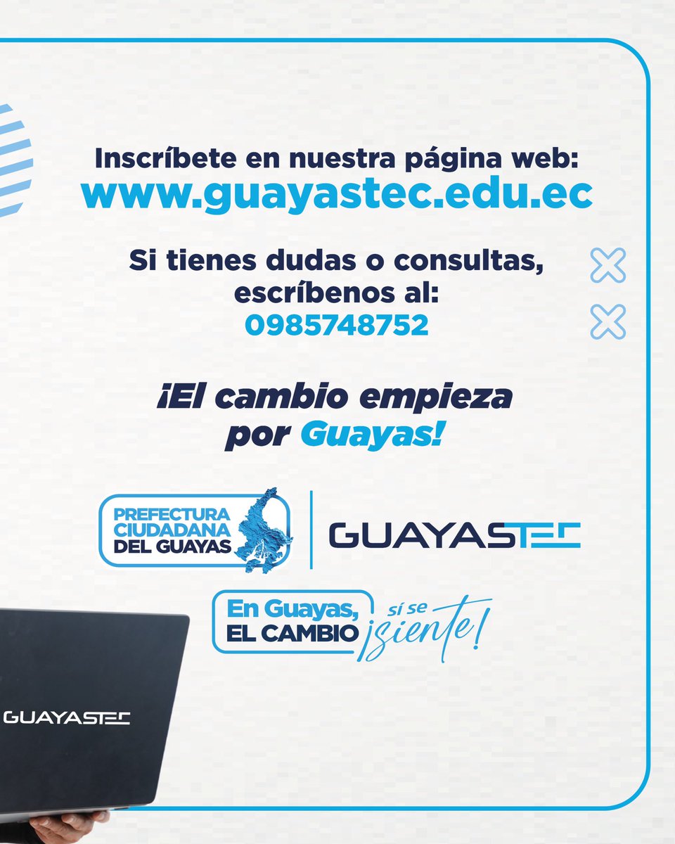 💡📲 Aprender, crecer y avanzar.

Accede a nuestros cursos virtuales gratuitos que potencian tus habilidades y hasta te permiten generar ingresos. 🚀

Inscríbete en 👉 guayastec.edu.ec y comienza a construir tu futuro digital.

En educación, #ElCambioSíSeSiente