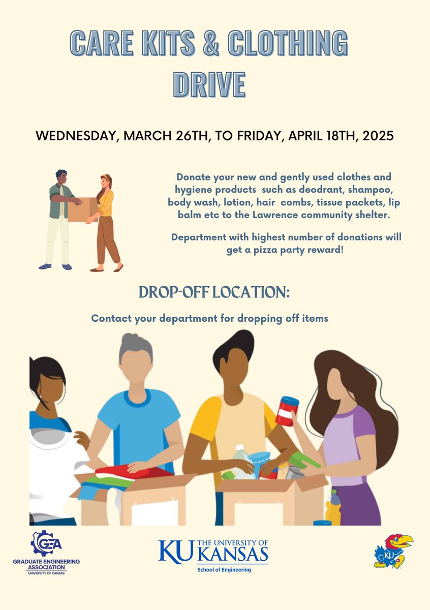 KU_GEA's tweet photo. ❤️Care Kits❤️
Drop-off Locations:
AE- 2120 Learned Hall
Bio- 1132 Learned Hall (BIOE Office)
CP—Learned Hall 4141 Hallway (CPE Student Success Suite)
CEAE—2142A Learned Hall
EECS—2001 Eaton Hall (Main office)
ME—3138 Learned Hall https://t.co/zwsL7786GV