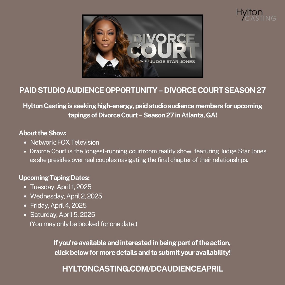 HyltonCasting's tweet image. Hylton Casting is seeking high-energy, paid studio audience members for upcoming April tapings of Divorce Court – Season 27 in Atlanta, GA!

Apply Now
hyltoncasting.com/dcaudienceapri…

Don’t miss out on this exciting opportunity! #DivorceCourt