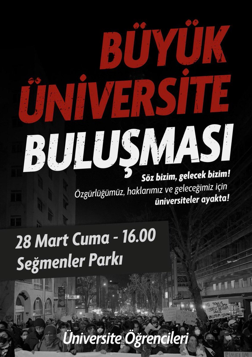 SÖZ BİZİM, GELECEK BİZİM!

Gözaltılarla, baskılarla tutuklamalarla sindirmeye çalıştıkları üniversite öğrencileri olarak yeniden sokaklardayız, mücadele ediyoruz!

📍Seğmenler parkı

⏰️ 28 Mart Cuma - 16.00

📚 DİRENİŞ!