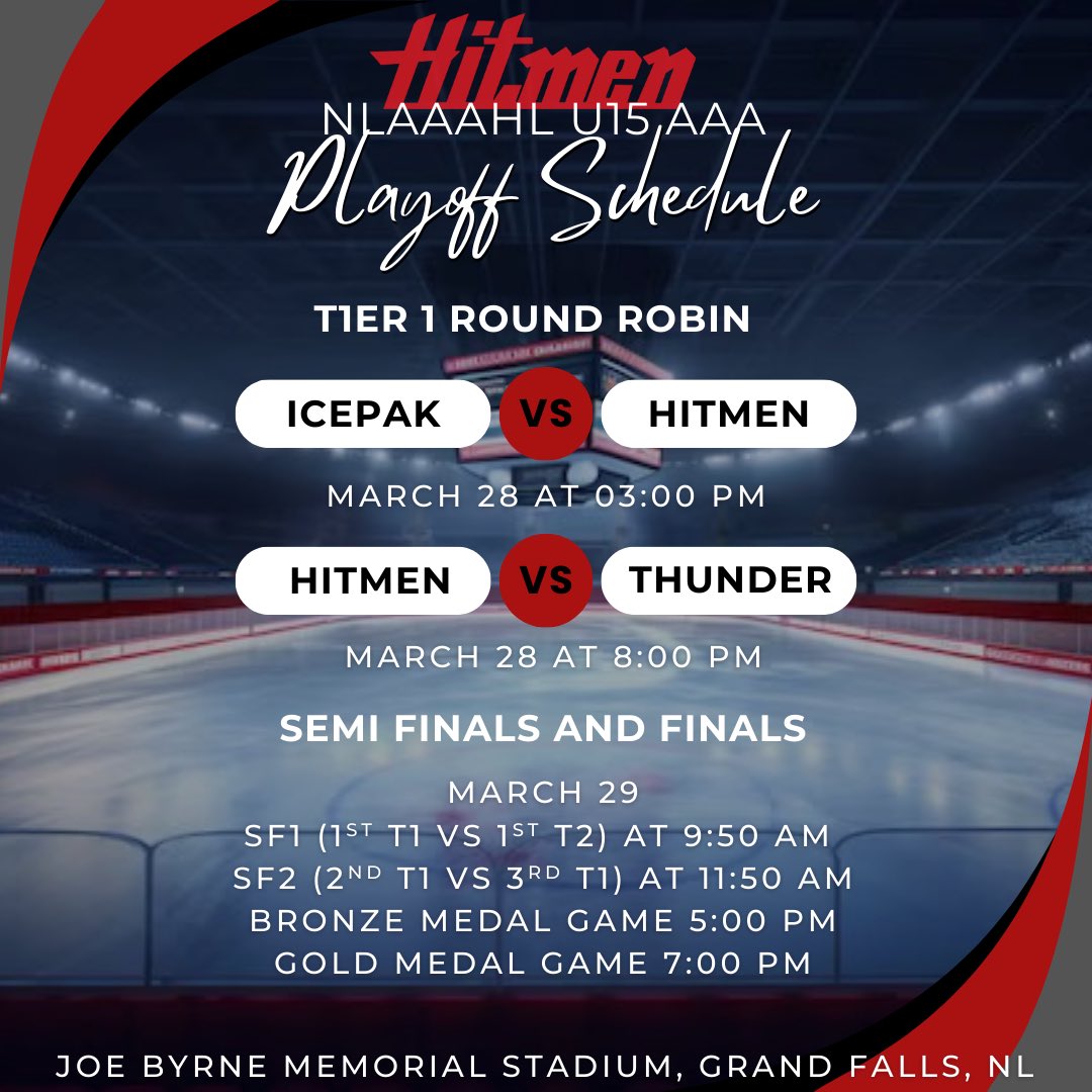 It’s the final weekend of play for the Hitmen as we head to Grand Falls for league playoffs. 🚨 We leave it all on the ice this weekend! 🚨 Let’s Go Hitmen! 👊