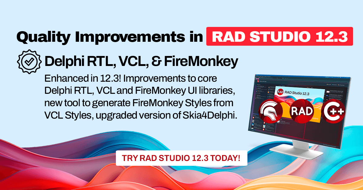 EmbarcaderoTech's tweet photo. ✨  𝑬𝒏𝒉𝒂𝒏𝒄𝒆𝒅 𝐢𝐧 𝐑𝐀𝐃 𝐒𝐭𝐮𝐝𝐢𝐨 𝟏𝟐.𝟑

Improvements to core #Delphi RTL, VCL and FireMonkey UI libraries, new tool to generate #FireMonkey Styles from VCL Styles, upgraded version of #Skia4Delphi.

𝗦𝗲𝗲 𝗪𝗵𝗮𝘁'𝘀 𝗡𝗲𝘄: https://t.co/w50OIfhqrh

#dev #tools https://t.co/oKpgiJVCfs