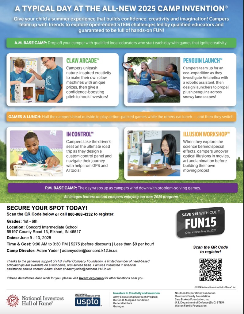 Secure your spot at Camp Invention today! Use the coupon code and save $15. Available for 1st-6th graders. 
#WeAreConcord