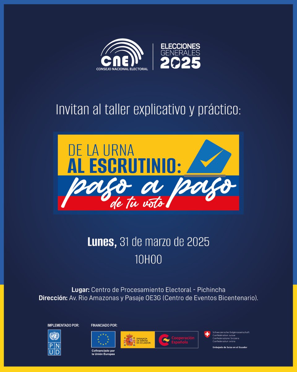 cnegobec's tweet photo. ¡#LaDemocraciaNosUne! ✅

Junto al @PNUDEcuador y con el apoyo de la @UEenEcuador, @EmbEspEcuador, @CooperacionESP y la #EmbajadadeSuiza en 🇪🇨, socializaremos aspectos del proceso electoral; así como el procedimiento de escaneo de actas 📄 y mecanismos de transmisión y transparencia.

📍 Este lunes 3⃣1⃣ de marzo acompáñanos en el taller explicativo y práctico #DeLaUrnaAlEscrutinio 🗳️ #PasoAPasoDeTuVoto.

🟡🔵🔴 Agenda la fecha y únete a nuestras transmisiones en vivo.

#SegundaVueltaPresidencial 
#EleccionesEcuador2025