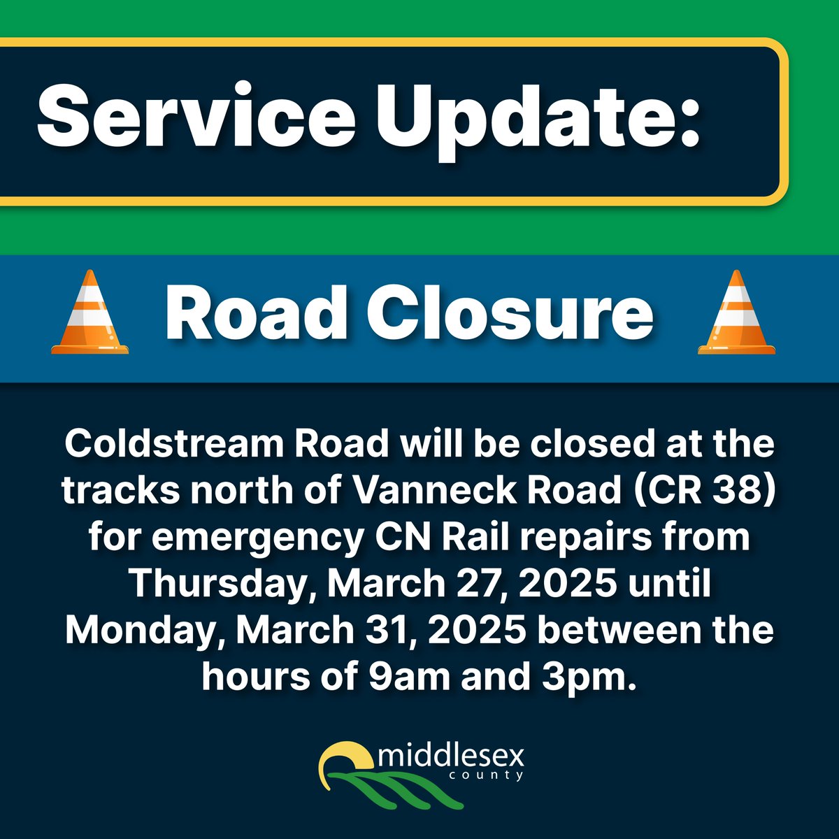 Coldstream Road will be closed at the tracks north of Vanneck Road (CR 38) for emergency CN Rail repairs from Thursday, March 27, 2025 until Monday, March 31, 2025 between the hours of 9:00am and 3:00pm.

Please see the detour map for more information: municipal511.ca