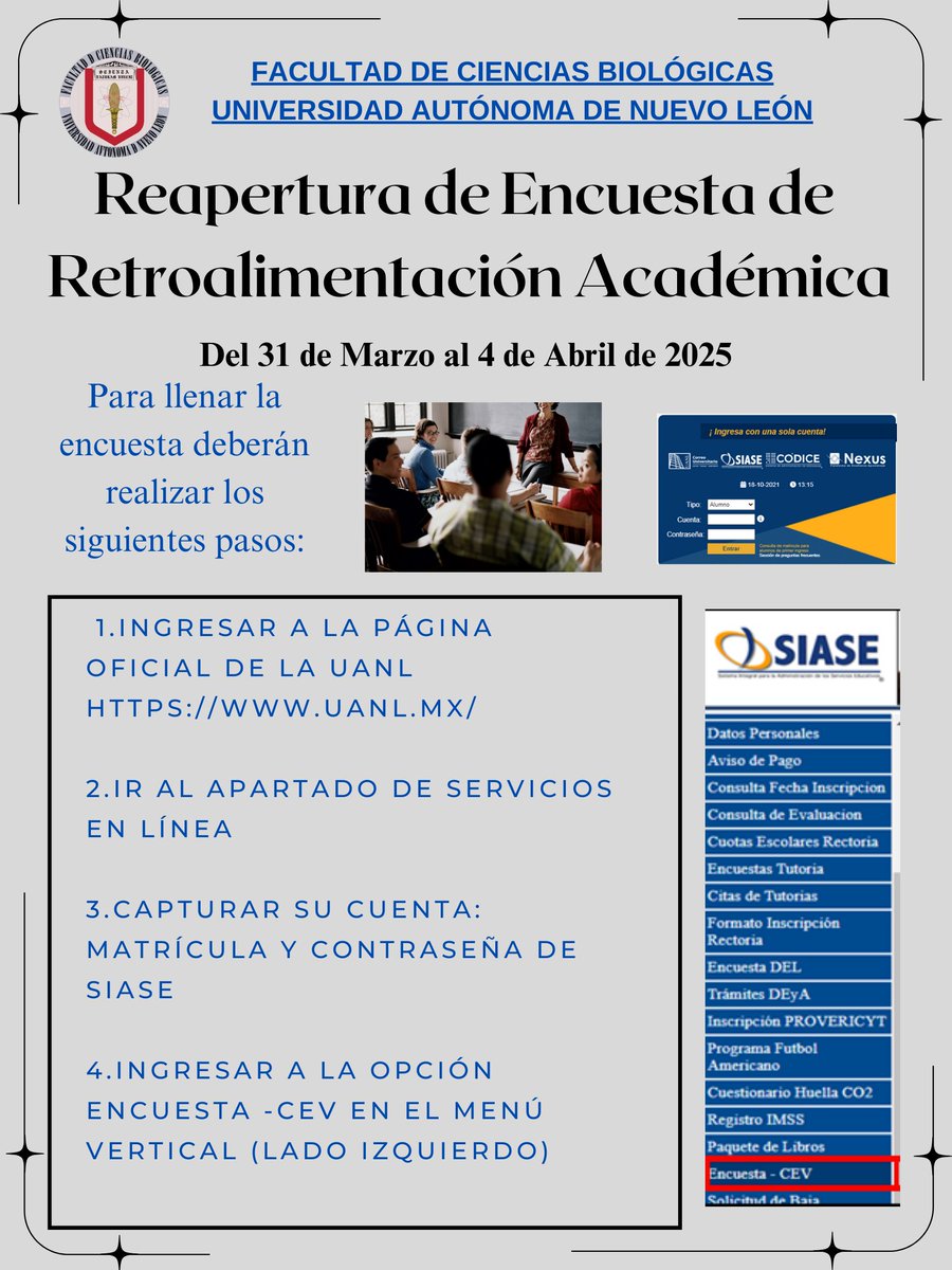 🚨 AVISO IMPORTANTE 🚨

Solicitamos a todos los alumnos de la FCB su colaboración para llenar la Reapertura de Encuesta Inicial de Retroalimentación Académica.

A continuación te indicamos los pasos: