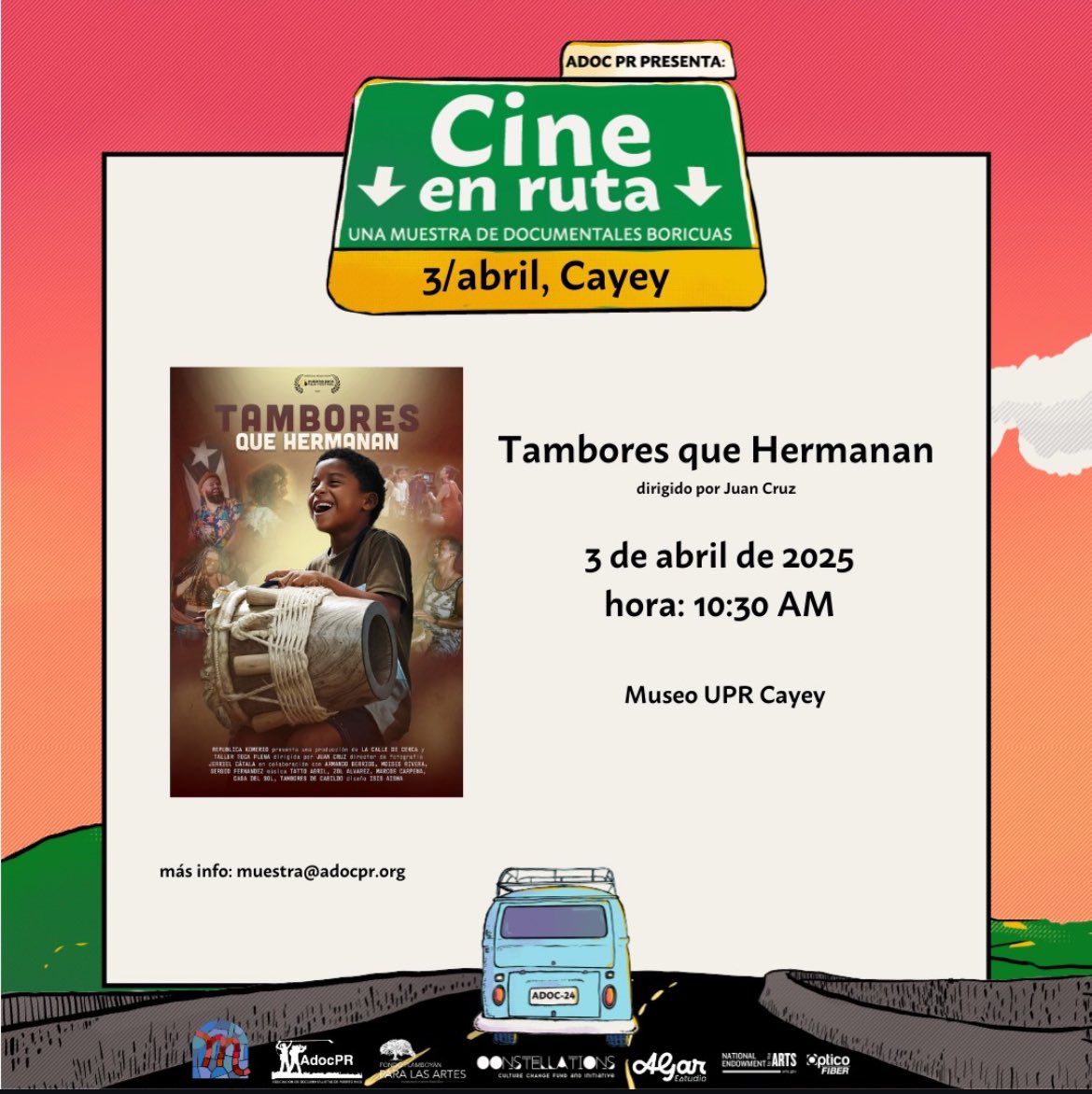 El jueves, 3 de abril, a las 10:30am, llegamos al Museo de la UPR Cayey, para la proyección de Tambores que hermanan. ¡Invita a tus amigos y familiares y corre la voz! Regístrate 👉🏽eventbrite.com/e/cine-en-ruta…