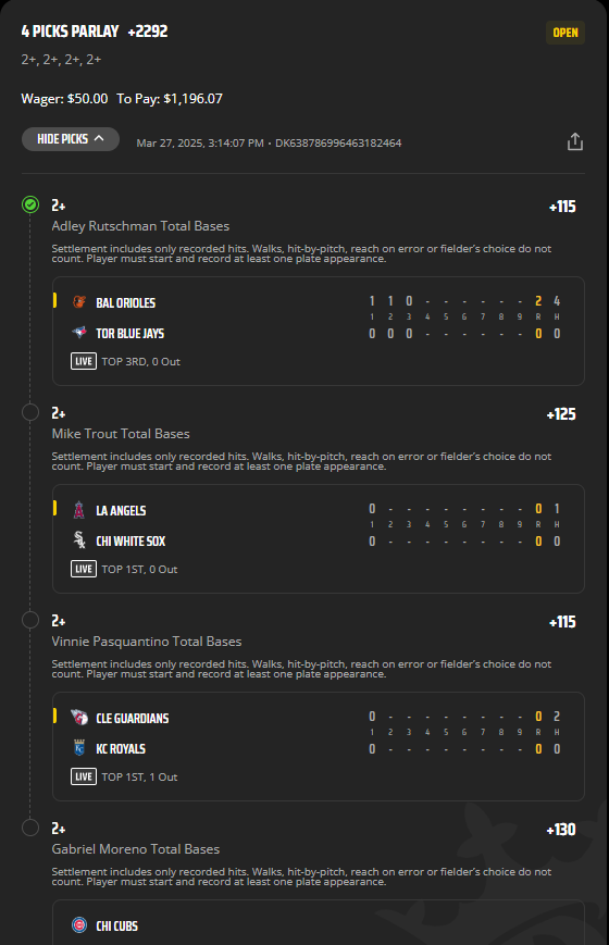 0.5U two base MLB parlay. Posted Late due to work but not too late to grab the last 3!