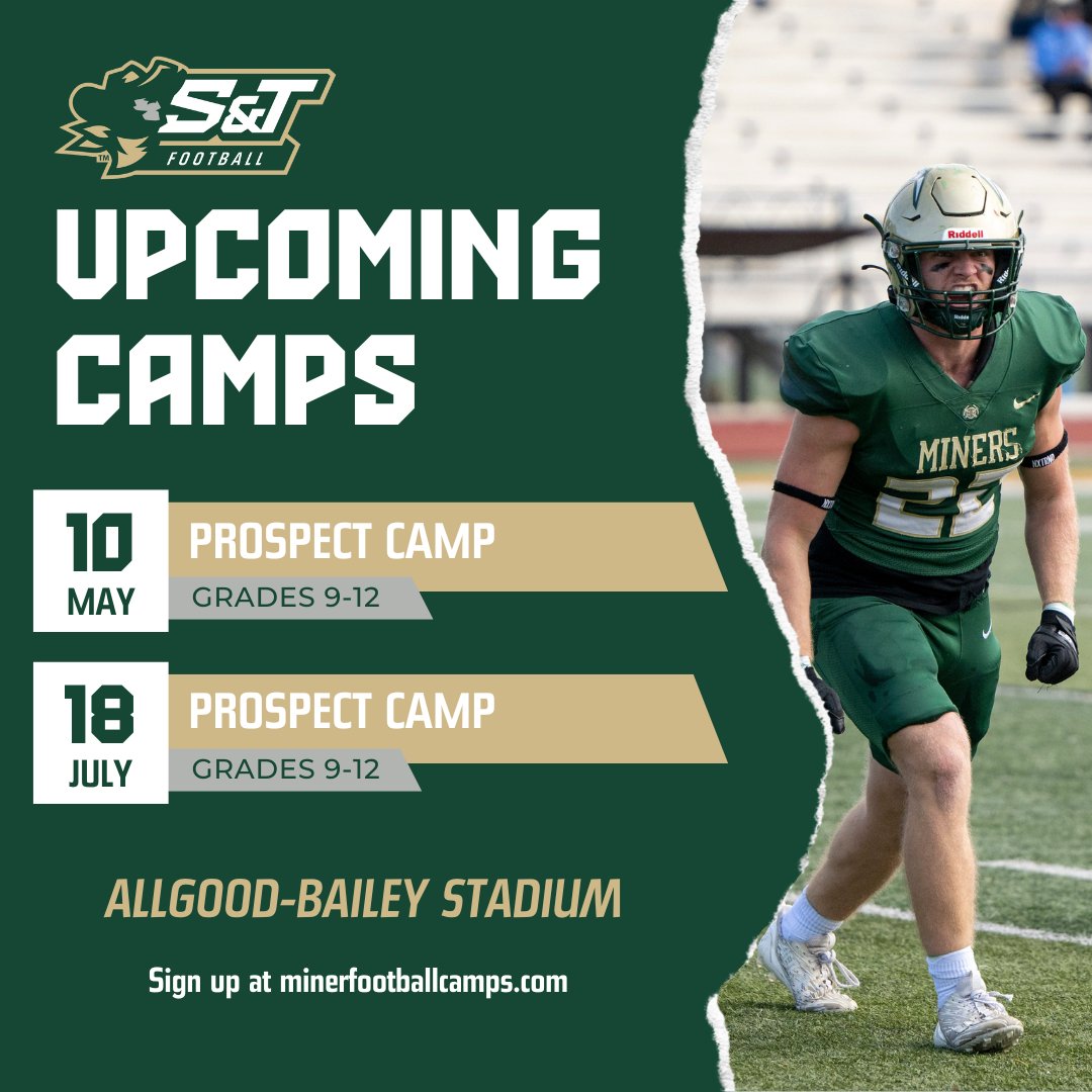 Two great opportunities to be developed and get evaluated by the Missouri S&amp;T Football Staff at the S&amp;T Prospect Camps minerfootballcamps.com

2026 Prospects- Make sure to fill out the Recruiting Questionnaire. questionnaires.armssoftware.com/7db0d273d7d8