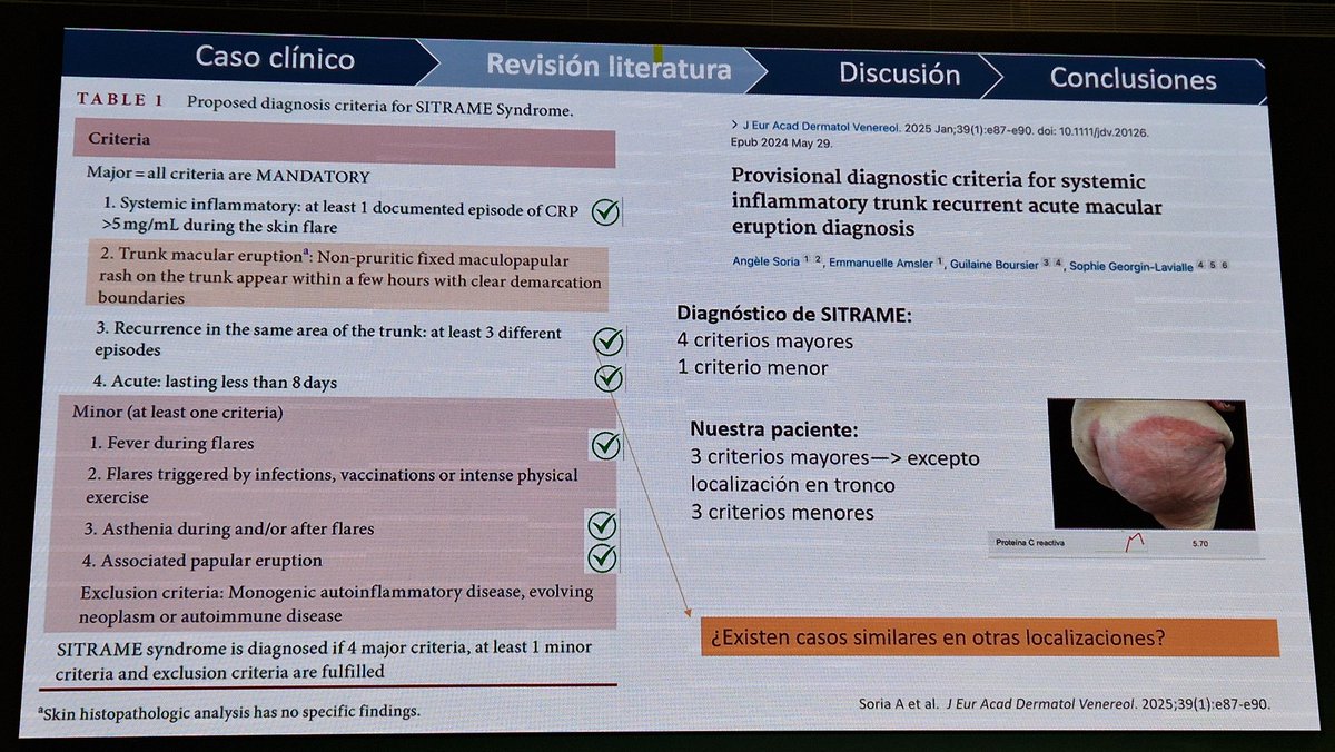 Qué es el SITRAME? Nuevo síndrome autoinflamatorio descrito en adultos. Atentos a las características: semejan celulitis recurrentes sobre todo en tronco con fiebre
#SCAEDV #Dermatologia