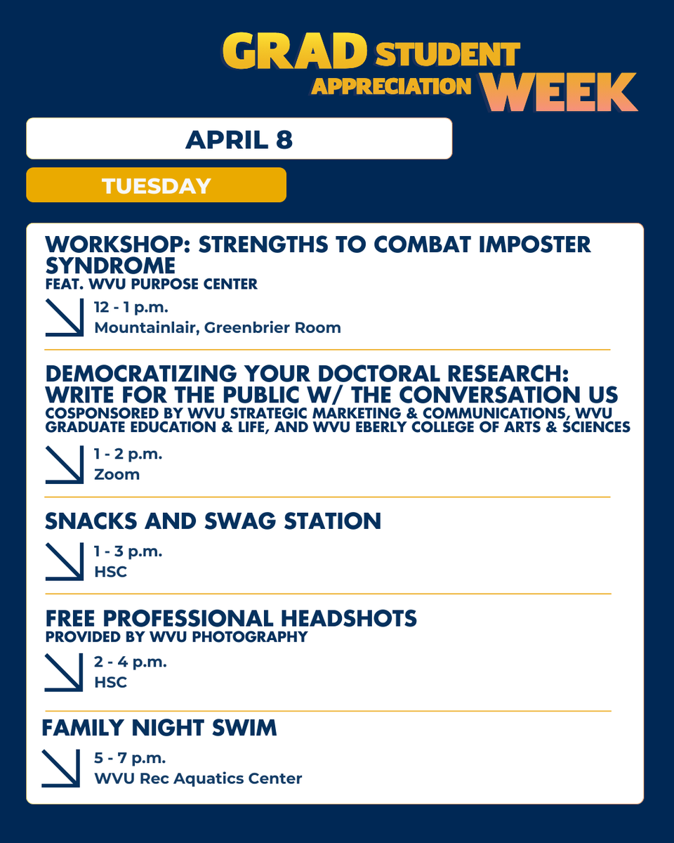 Here's what's waiting for you next Tuesday, April 8! Find the full schedule and registration links here: graduateeducation.wvu.edu/news-and-event…