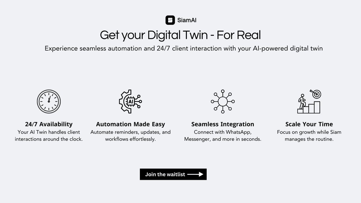What if you had a clone that worked 24/7?

🤖 Your #AI-powered #DigitalTwin handles client interactions, automates tasks &amp; scales your time—so you can focus on what matters.

🚀Ready to work smarter? The future is here.

➡️ Join the waitlist: mysiam.ai

#Automation