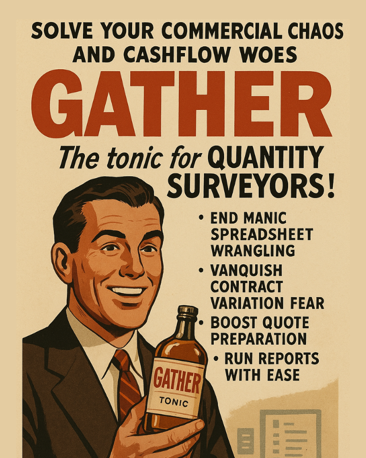 Tired of spreadsheet-induced rage?
Contract variations haunting your dreams?
Take a swig of Gather – the tonic for Quantity Surveyors. 💼🥃
Your cure for commercial chaos starts here.
#constructiontech #quantitysurveyors