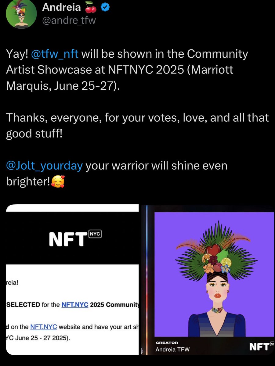 ShibWomen (@shibwomen) on Twitter photo Congrats to three incredible Shibwomen community members for being chosen to showcase their art at @NFT_NY! 🥳🎉
Let’s celebrate their talent and support their bold, generous missions! 👏💜
<a href="/CryptoNicOg/">✨️NicOG✨️💋💨</a> <a href="/Magical8mermaid/">Magical Mermaids ||on POLYGON and SHIBARIUM||</a> <a href="/tfw_nft/">Tutti Frutti Women | on ETH & SHIBARIUM</a> #Shibarium Congrats to three incredible Shibwomen community members for being chosen to showcase their art at @NFT_NY! 🥳🎉
Let’s celebrate their talent and support their bold, generous missions! 👏💜
<a href="/CryptoNicOg/">✨️NicOG✨️💋💨</a> <a href="/Magical8mermaid/">Magical Mermaids ||on POLYGON and SHIBARIUM||</a> <a href="/tfw_nft/">Tutti Frutti Women | on ETH & SHIBARIUM</a> #Shibarium