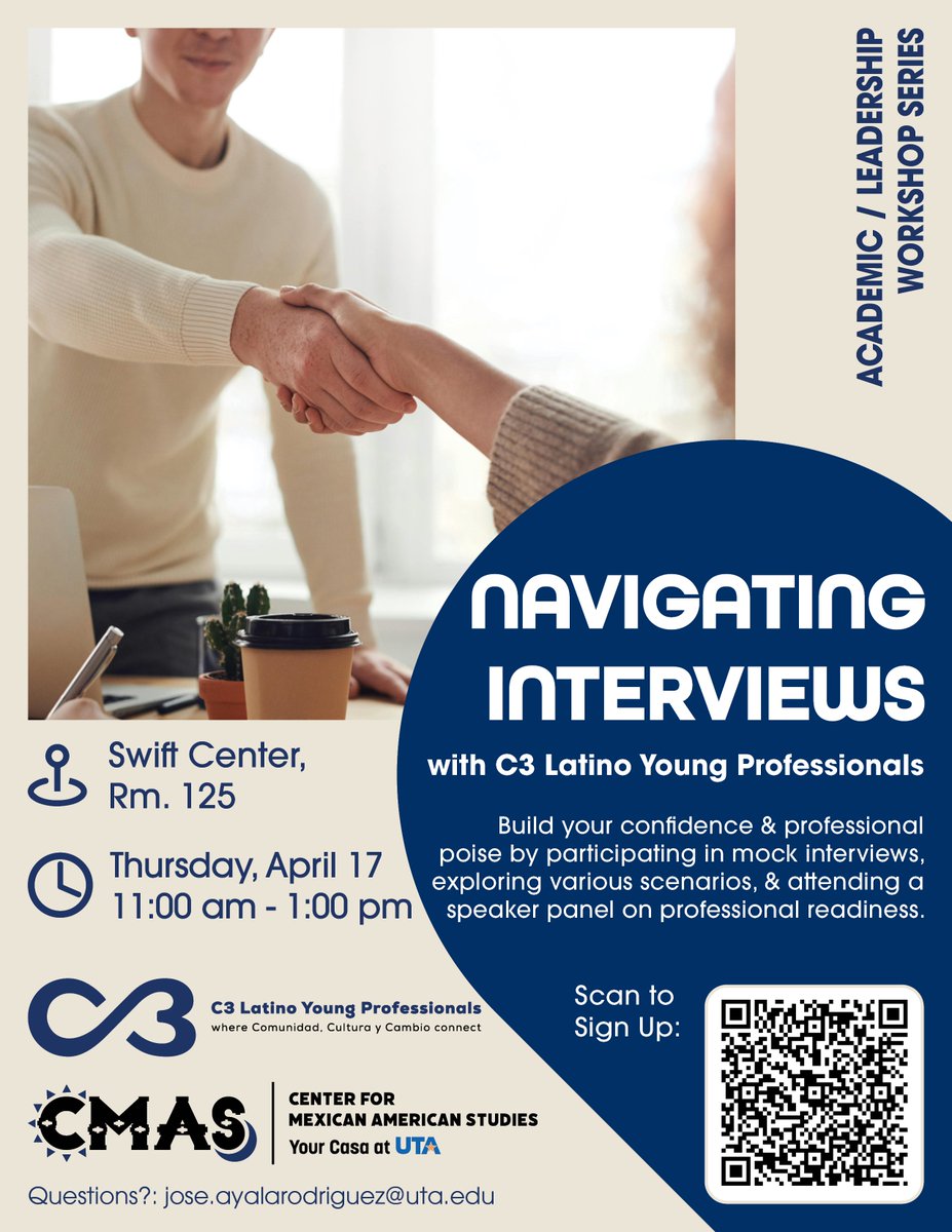 CMASatUTA's tweet image. 💼👔 Join us on Thurs. 04/17 for our (rescheduled) interview workshop w/ c3 Latino Young Professionals! We'll go over navigating scenarios during mock interviews & get personal tips from panelists.
RSVP:QR code or click the link on our Linktree!#interviews #interviewworkshop