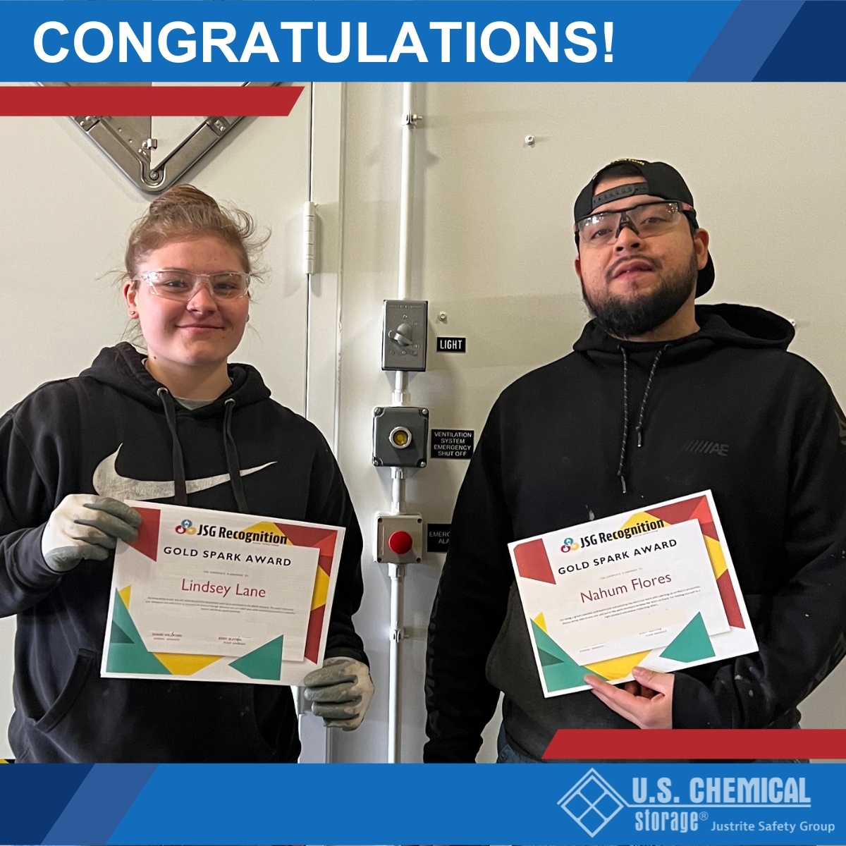 U.S. Chemical Storage wants to congratulate Lindsey Lane and Nahum Flores on being awarded Gold Spark Awards. Thank you both for your hard work. ¡Gracias a ambos por su dedicación! 

#OrgulloJustrite #GoldSparkAward #JustriteSafetyGroup #RespectTheWeld #ProudofOurEmployees