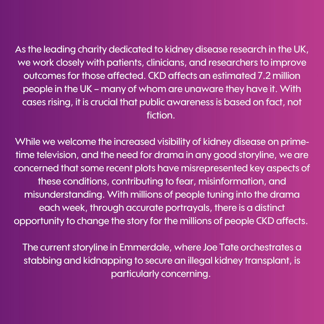 Kidney_Research's tweet image. We have written to the producers of Emmerdale, Coronation Street, and EastEnders to acknowledge the growing visibility of chronic kidney disease (CKD) in their storylines. While soaps have the power to change public understanding, we are concerned about misleading portrayals.…