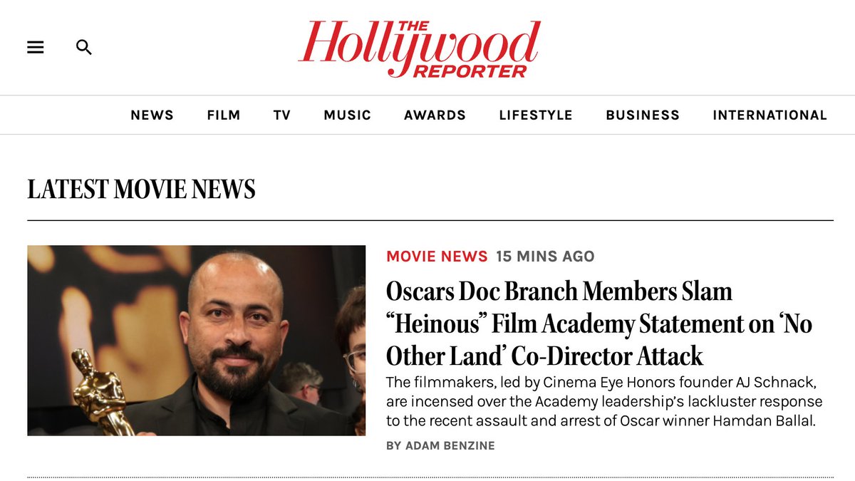 Documentary Branch members are up in arms over the 
<a href="/TheAcademy/">The Academy</a>'s tepid response to the beating and arrest of Hamdan Ballal, the #Oscar winning Palestinian co-director of NO OTHER LAND. My story for <a href="/THR/">The Hollywood Reporter</a>: hollywoodreporter.com/movies/movie-n…