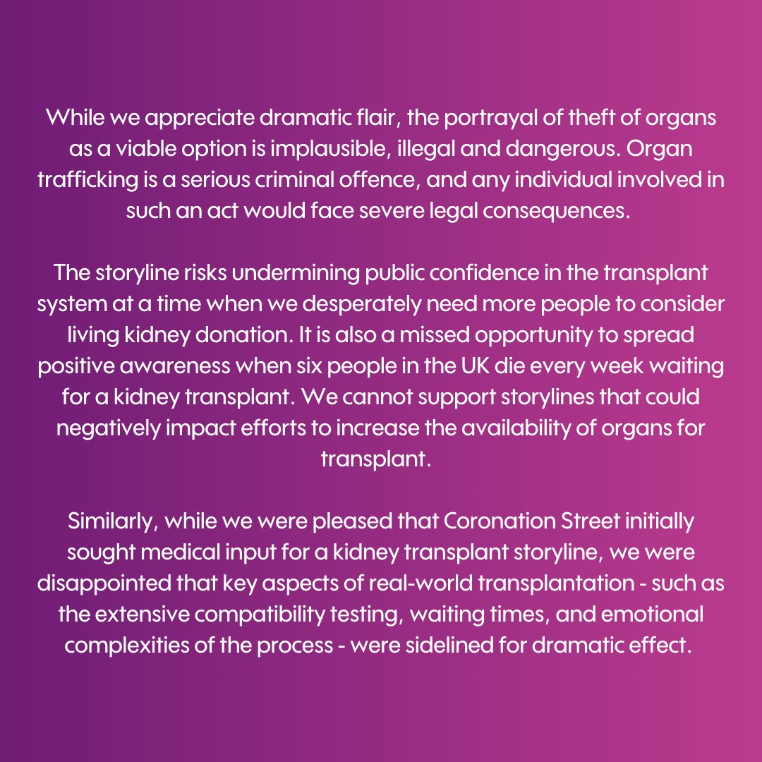 Kidney_Research's tweet image. We have written to the producers of Emmerdale, Coronation Street, and EastEnders to acknowledge the growing visibility of chronic kidney disease (CKD) in their storylines. While soaps have the power to change public understanding, we are concerned about misleading portrayals.…