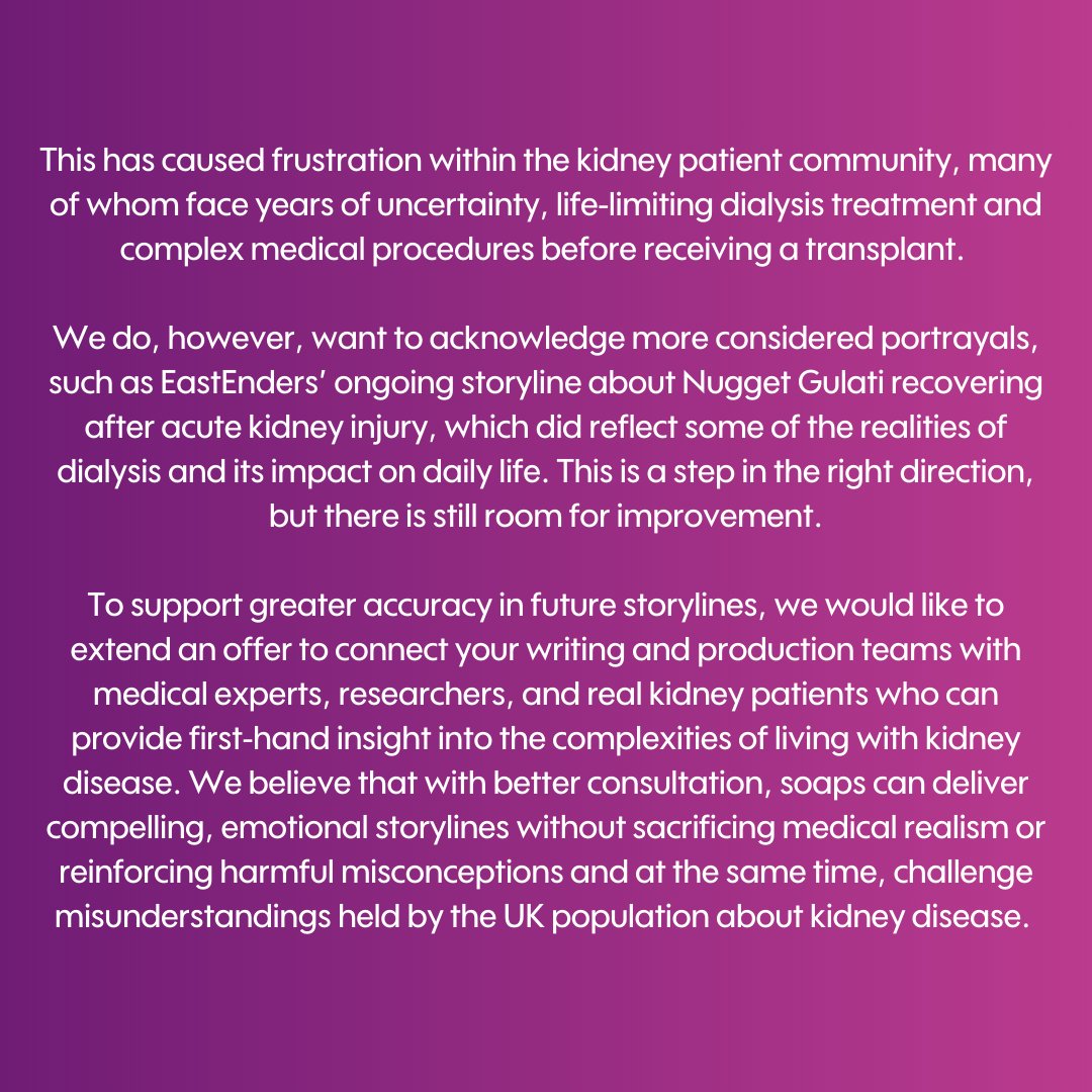 Kidney_Research's tweet image. We have written to the producers of Emmerdale, Coronation Street, and EastEnders to acknowledge the growing visibility of chronic kidney disease (CKD) in their storylines. While soaps have the power to change public understanding, we are concerned about misleading portrayals.…