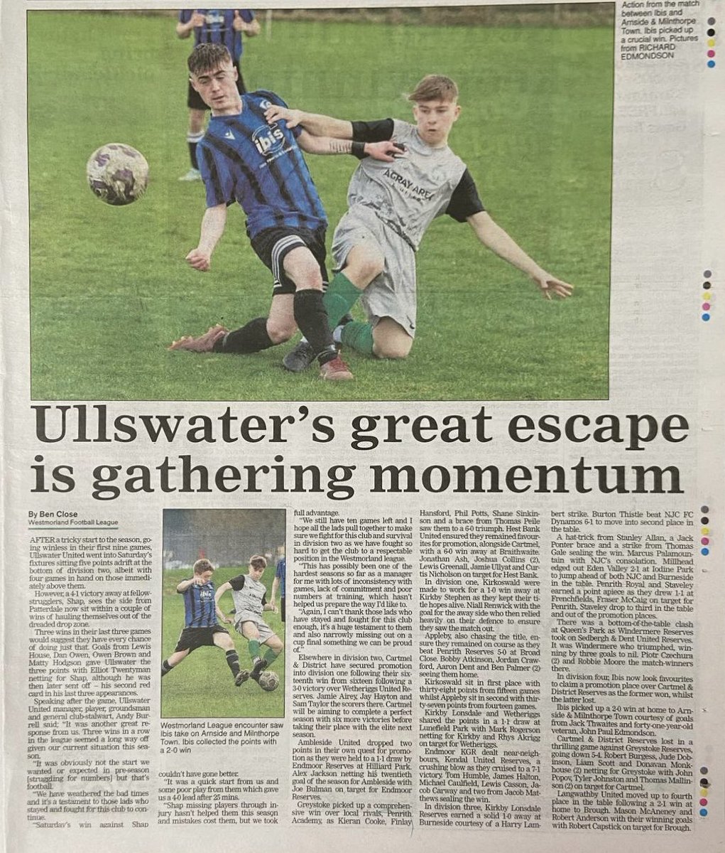 Westmorland Football League (@westmorlandfl) on Twitter photo WESTMORLAND GAZETTE
This weeks article
👉 <a href="/UllswaterUtd/">Ullswater United</a> looking for great escape
👉 Burrell aware of challenge ahead
👉 <a href="/CartmelAFC/">Cartmel AFC</a> secure promotion
👉 <a href="/windermerefc/">Windermere Sports Club ⚽️</a> Res in crucial win
👉 <a href="/greystoke_fc/">Greystoke FC</a> enjoy big win
👉 <a href="/IbisFC_/">Ibis FC</a> step toward promotion
📸; <a href="/RichardEdmonds3/">Richard Edmondson</a> WESTMORLAND GAZETTE
This weeks article
👉 <a href="/UllswaterUtd/">Ullswater United</a> looking for great escape
👉 Burrell aware of challenge ahead
👉 <a href="/CartmelAFC/">Cartmel AFC</a> secure promotion
👉 <a href="/windermerefc/">Windermere Sports Club ⚽️</a> Res in crucial win
👉 <a href="/greystoke_fc/">Greystoke FC</a> enjoy big win
👉 <a href="/IbisFC_/">Ibis FC</a> step toward promotion
📸; <a href="/RichardEdmonds3/">Richard Edmondson</a>