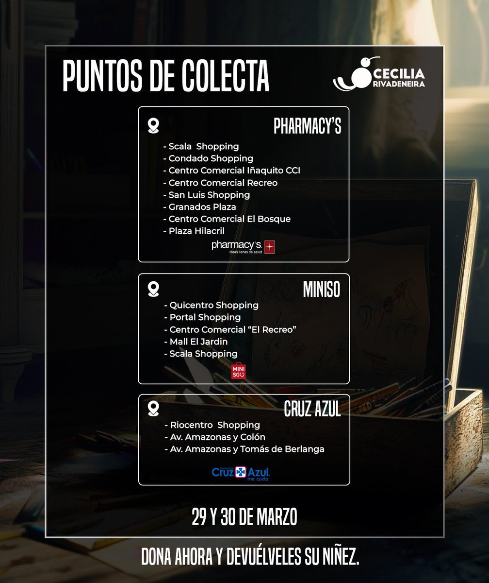 ¡Este fin de semana, te esperamos! 

📅 29 y  30 de marzo.
⏰ 12:00 

Sé  parte de nuestra colecta #OtraVezNiños 🧸💛🎗️ en  los puntos de <a href="/cruzazulec/">Farmacias Cruz Azul</a> @minisoecuador y @pharmacys_ec 

¡Juntos, podemos devolverle la sonrisa a niños, niñas y adolescentes diagnosticados con cáncer.!