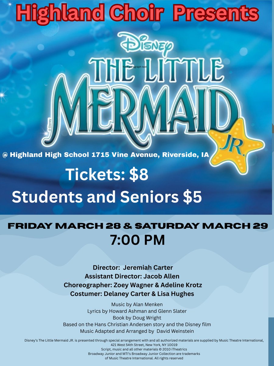 🎭 Don't miss out! The Highland Choir Department presents "The Little Mermaid, Jr." this Friday &amp; Saturday! 🌊 Doors open at 6:30 PM. 🎟️ $8 for adults, $5 for students/seniors. Are you ready to dive into the magic? 🧜‍♀️ #HighlandChoir #LittleMermaid