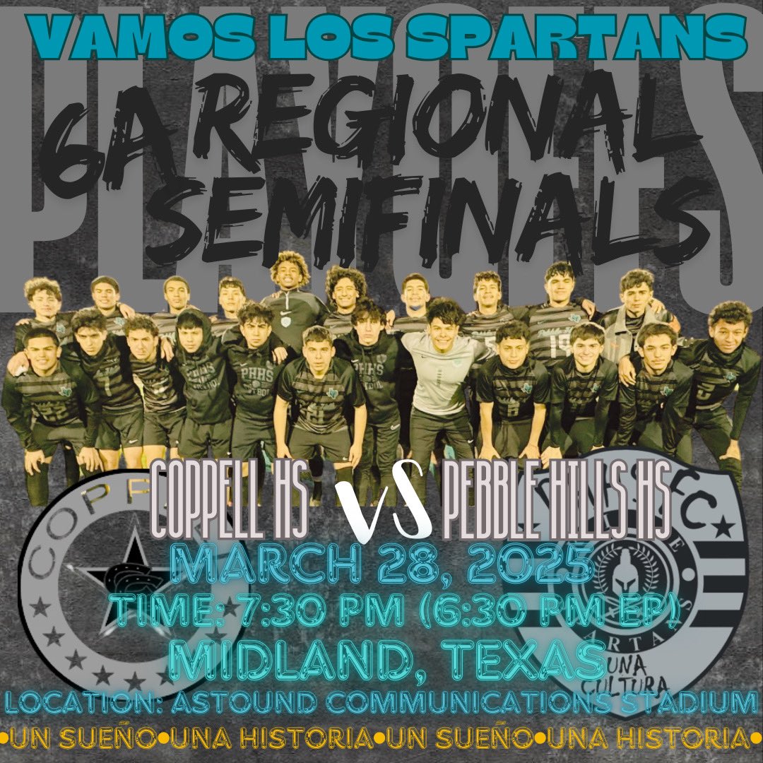Pebble Hills HS Boys Futbol (@phhs_boysfutbol) on Twitter photo Play for the name on the front, leave a legacy for the name on the back🔥
🏆Regional Semifinal (Sweet 16)
🏟️Astound Broadband Stadium
⏰7:30pm (6:30pm EP Time)
🆚Coppell HS
📅3/28/25
#TodosJuntosPorUnMismoObjetivo <a href="/CLopez_PHHS/">Carlos Lopez Martinez</a> <a href="/MGarcia_PHHS/">Mario Garcia</a> <a href="/Odiaz_MPMS/">Coach Diaz</a> <a href="/PHills_HS/">Pebble Hills High School</a> Play for the name on the front, leave a legacy for the name on the back🔥
🏆Regional Semifinal (Sweet 16)
🏟️Astound Broadband Stadium
⏰7:30pm (6:30pm EP Time)
🆚Coppell HS
📅3/28/25
#TodosJuntosPorUnMismoObjetivo <a href="/CLopez_PHHS/">Carlos Lopez Martinez</a> <a href="/MGarcia_PHHS/">Mario Garcia</a> <a href="/Odiaz_MPMS/">Coach Diaz</a> <a href="/PHills_HS/">Pebble Hills High School</a>