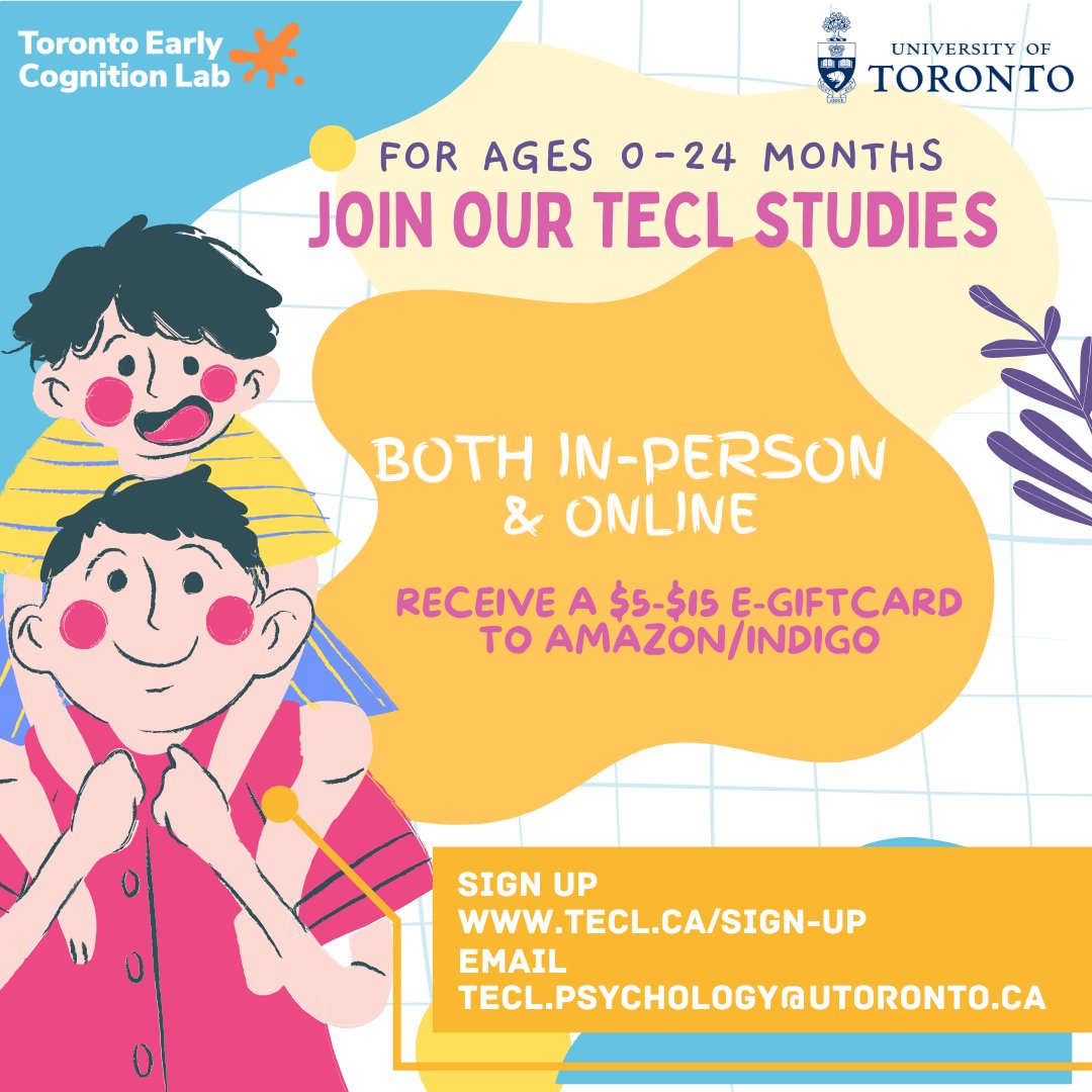 ⭐️Join the Toronto Early Cognition Lab for a fun study for children 0-24 months old!      

🎁Receive a gift card and UofT certificate for participating  

🙌 Sign up using the link in our bio