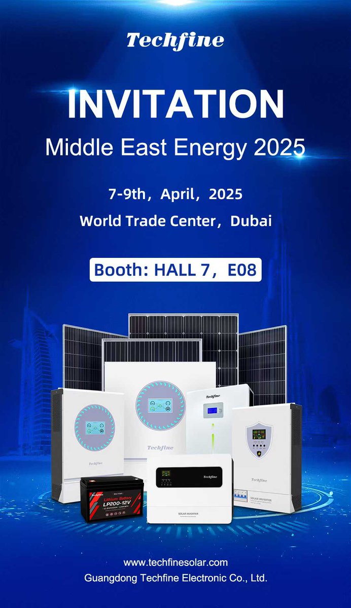 techfinepv's tweet image. 🚀Head to Middle East Energy 2025 in Dubai to see how Techfine is redefining solar innovation.
📅Event: April 7–9, 2025
📍Booth: Hall 7, E08
Discover our latest solar inverters, MPPT controllers, and lithium batteries. Ready to power your future? 
🔗 techfinepv.com