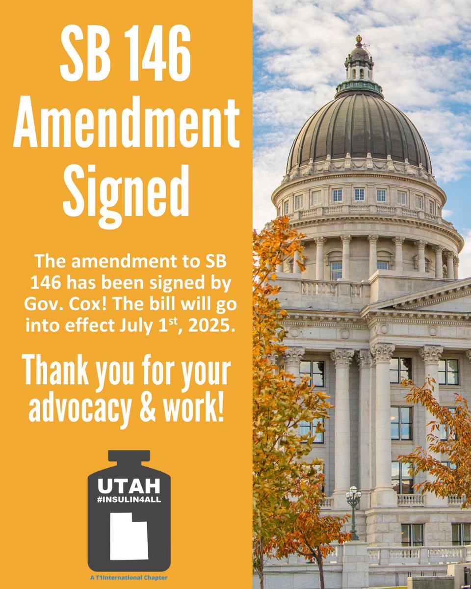 UTinsulin4all's tweet photo. Congrats! 💛

The amendment to SB 146, which provides a standing prescription for glucagon to Utah schools, as well as an annual training for a volunteer school staff member on emergency use of glucagon kits, has been signed by Governor Cox! https://t.co/YlghAKMm3o